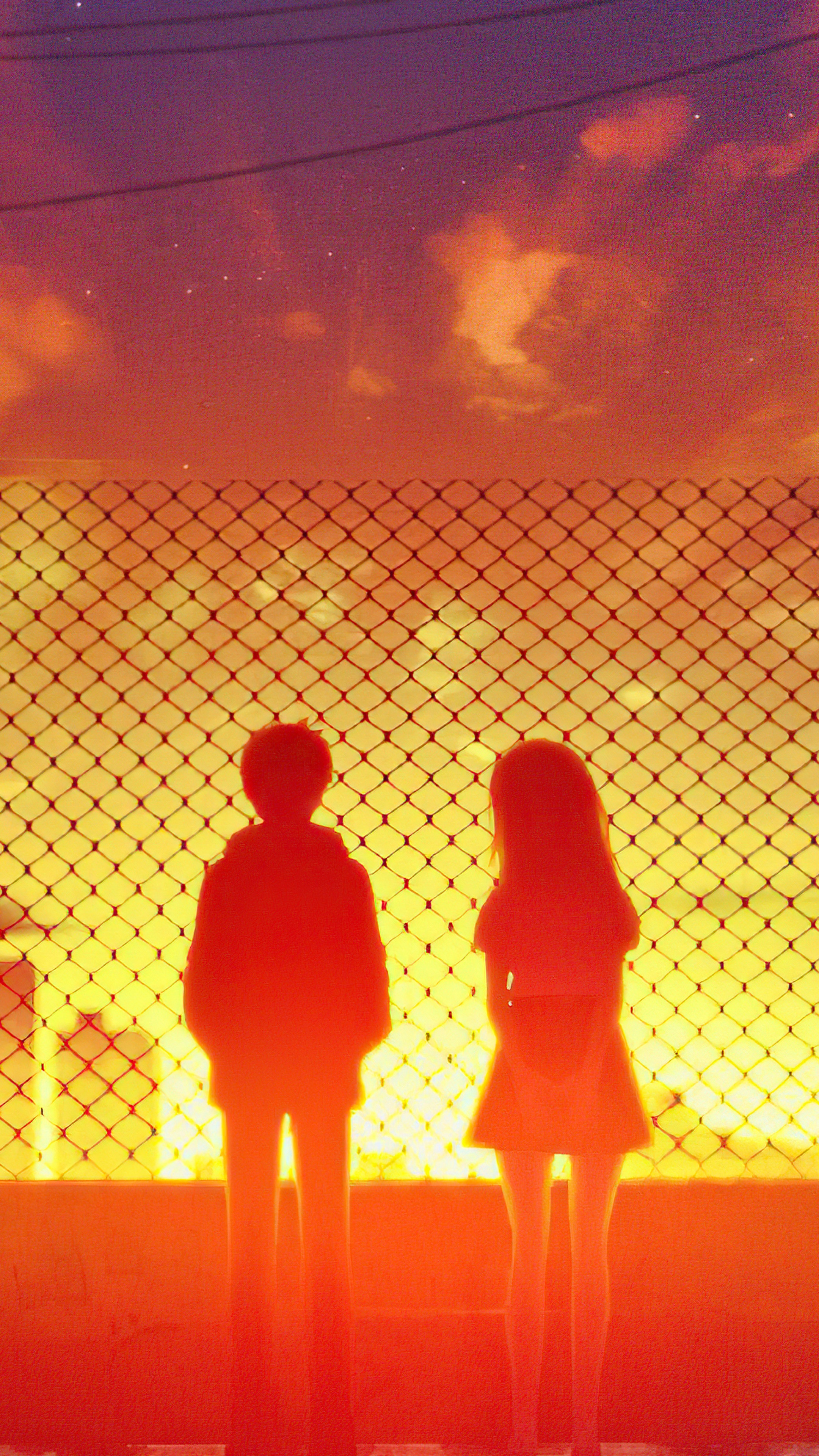 Anime couple watching sunset behind fence HD Phone Wallpaper