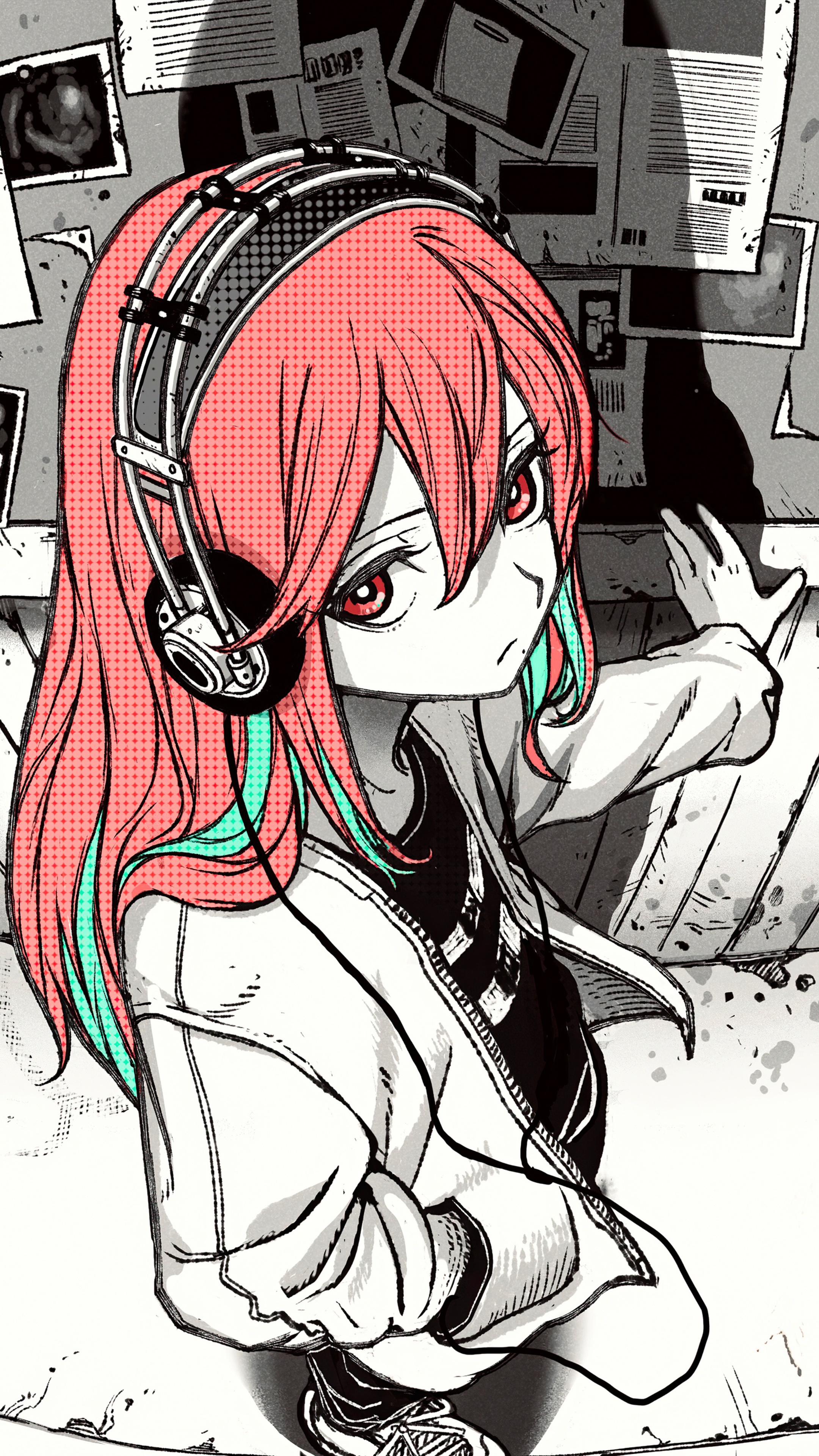 Anime girl with headphones and pink hair HD Phone Wallpaper