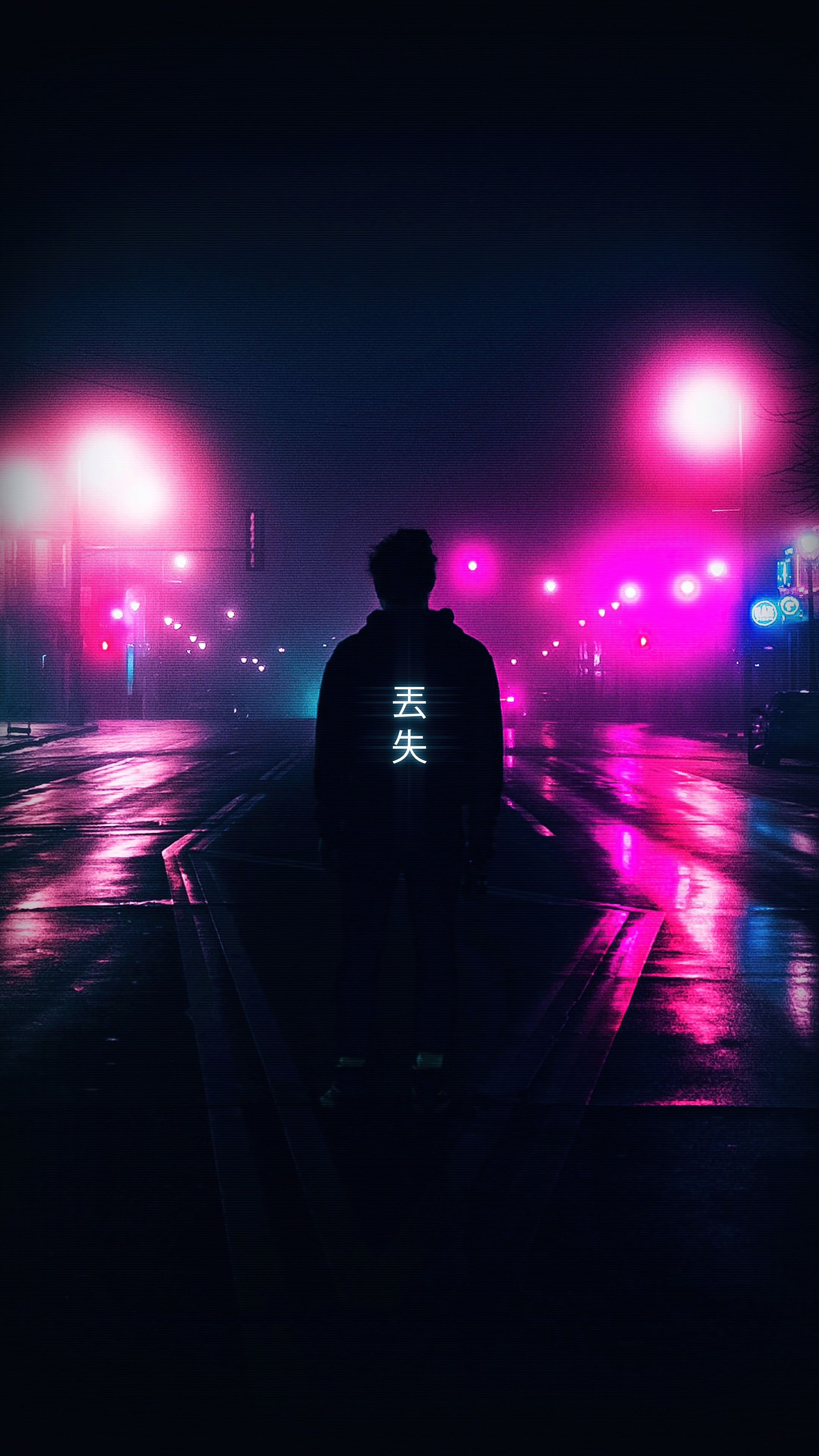 Man in hoodie with Japanese text in neon city HD Phone Wallpaper