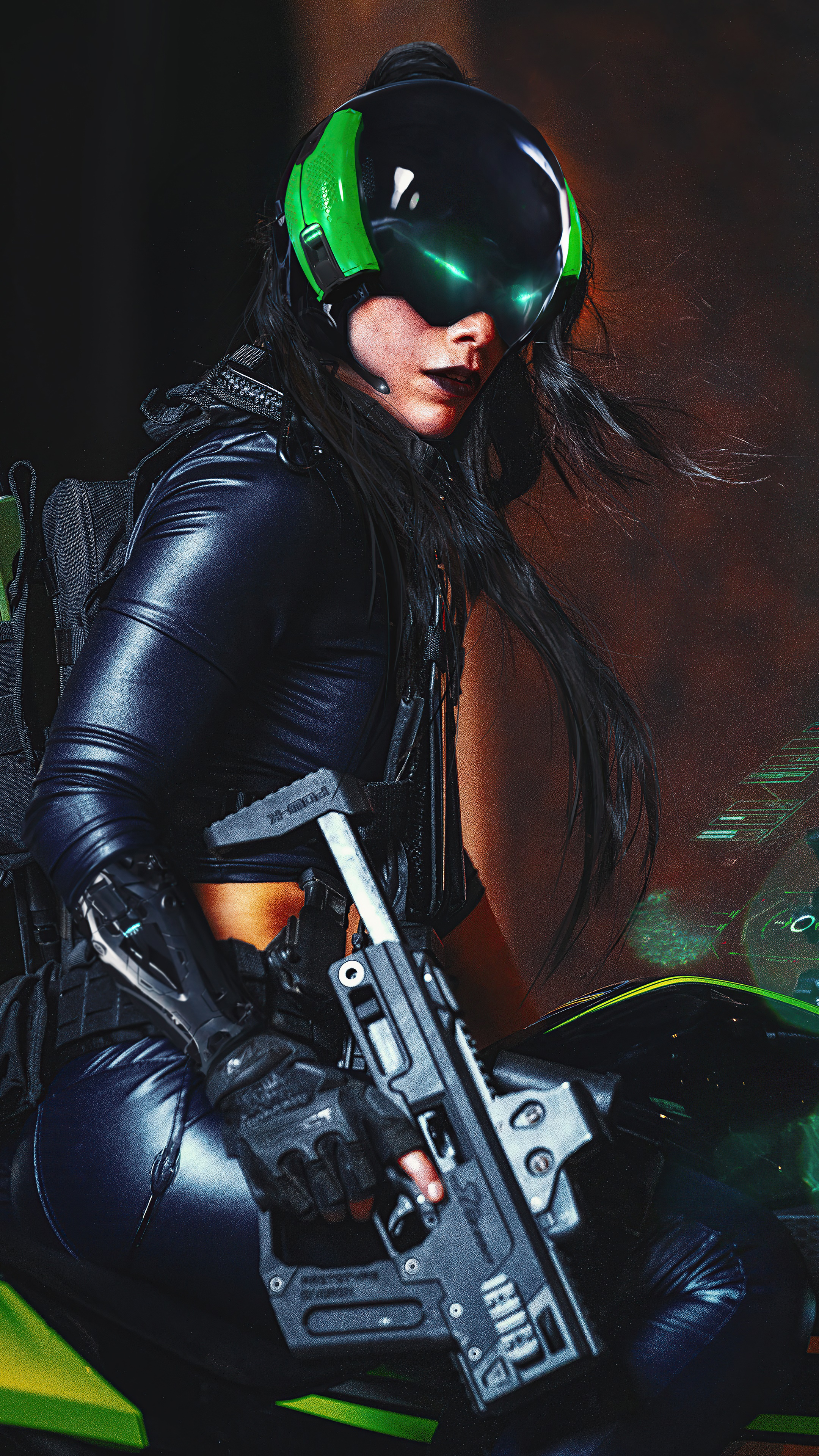 Woman in futuristic gear with a gun HD Phone Wallpaper