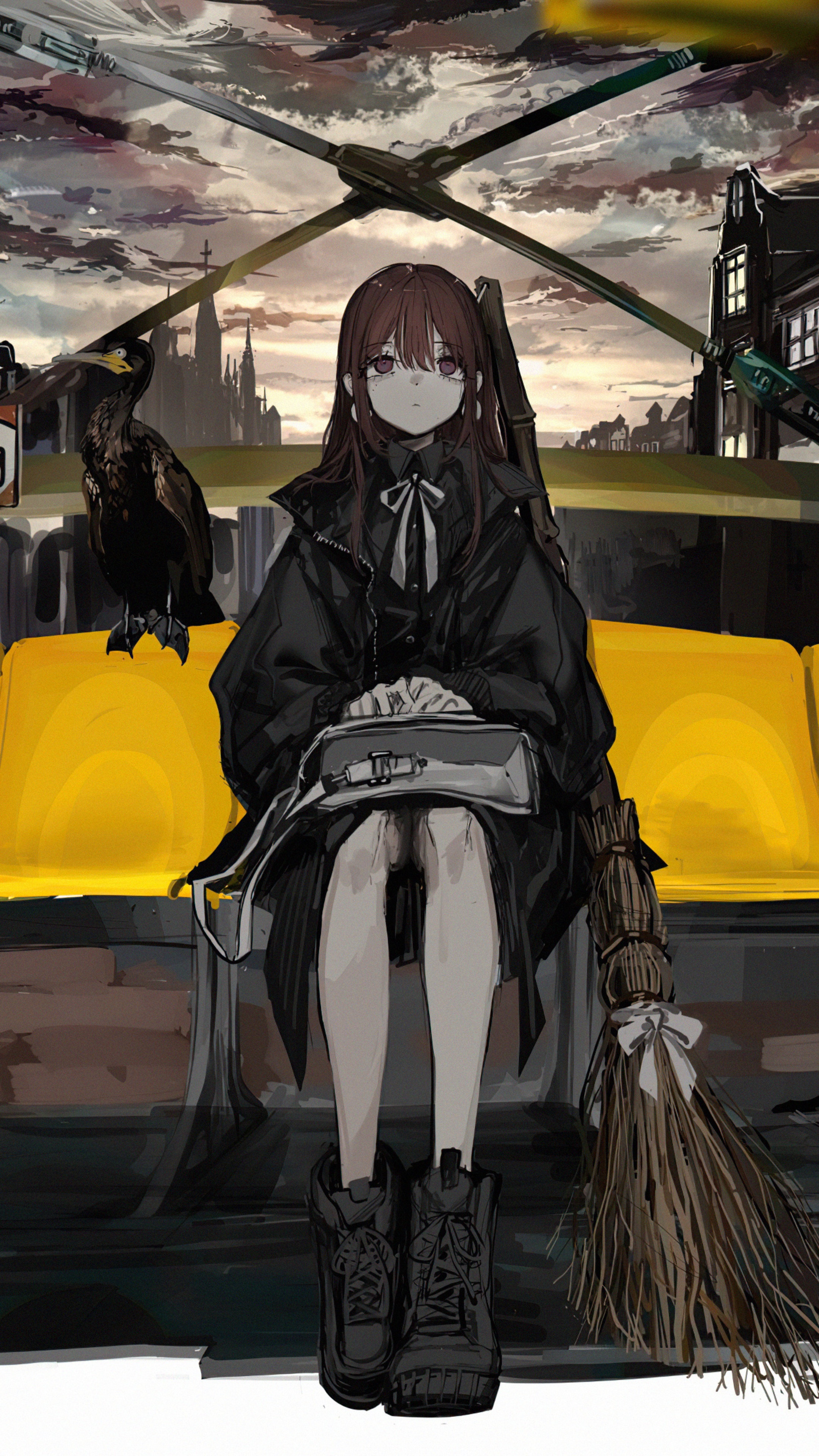 Anime girl with bird and broom HD Phone Wallpaper