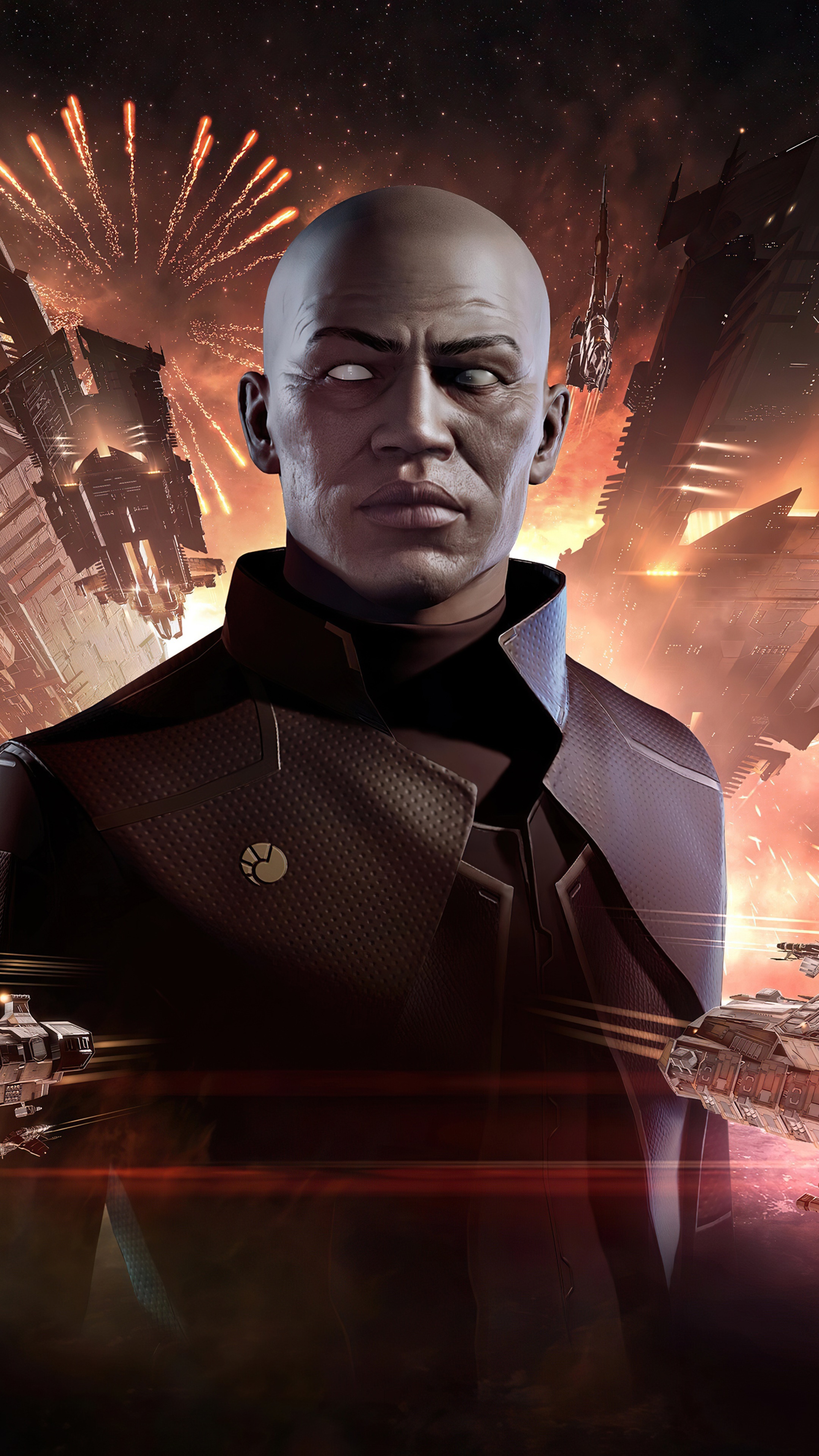 Man with white eyes in space with ships and fireworks HD Phone Wallpaper