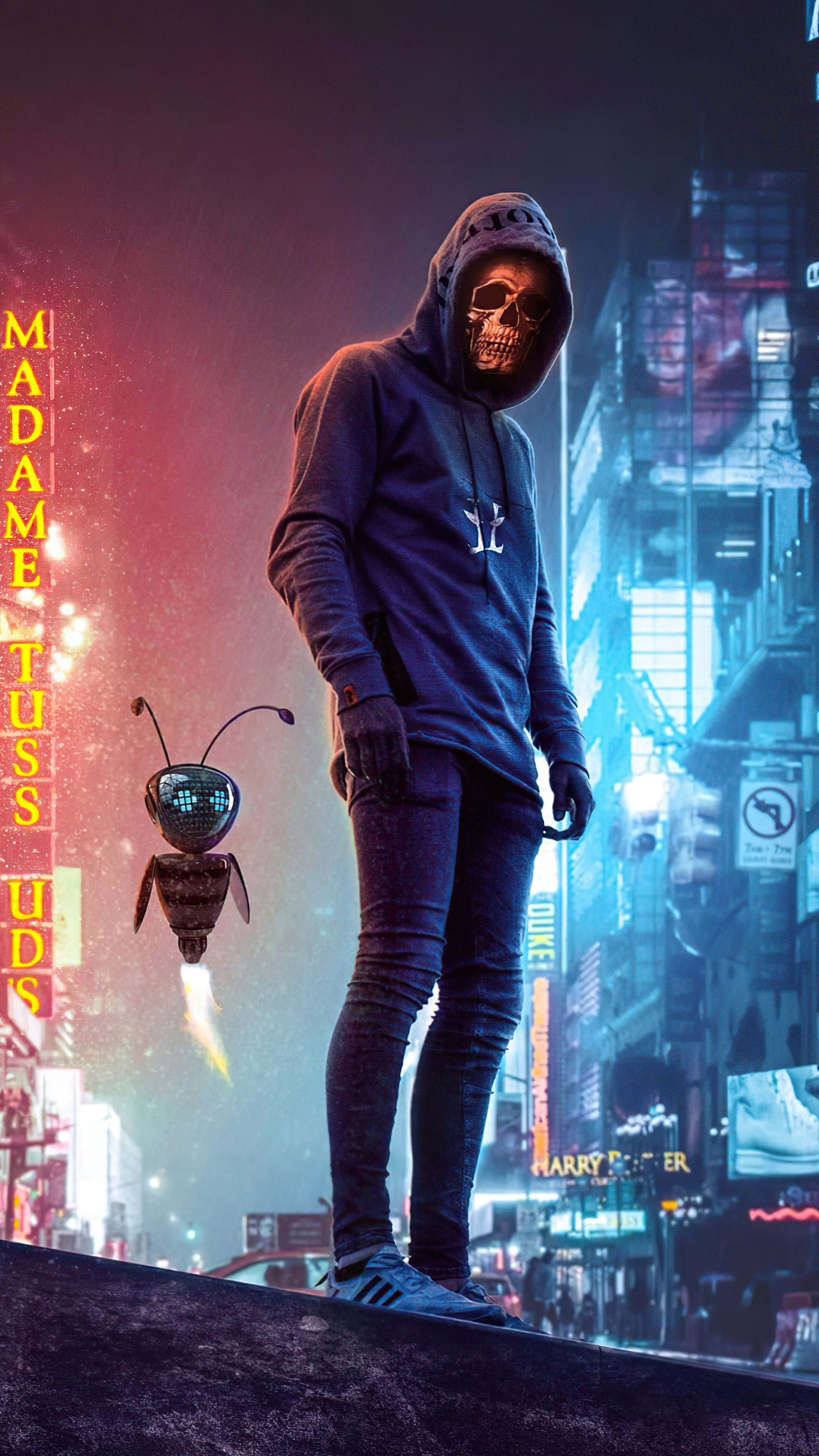Man with skull mask and robot bee in city HD Phone Wallpaper