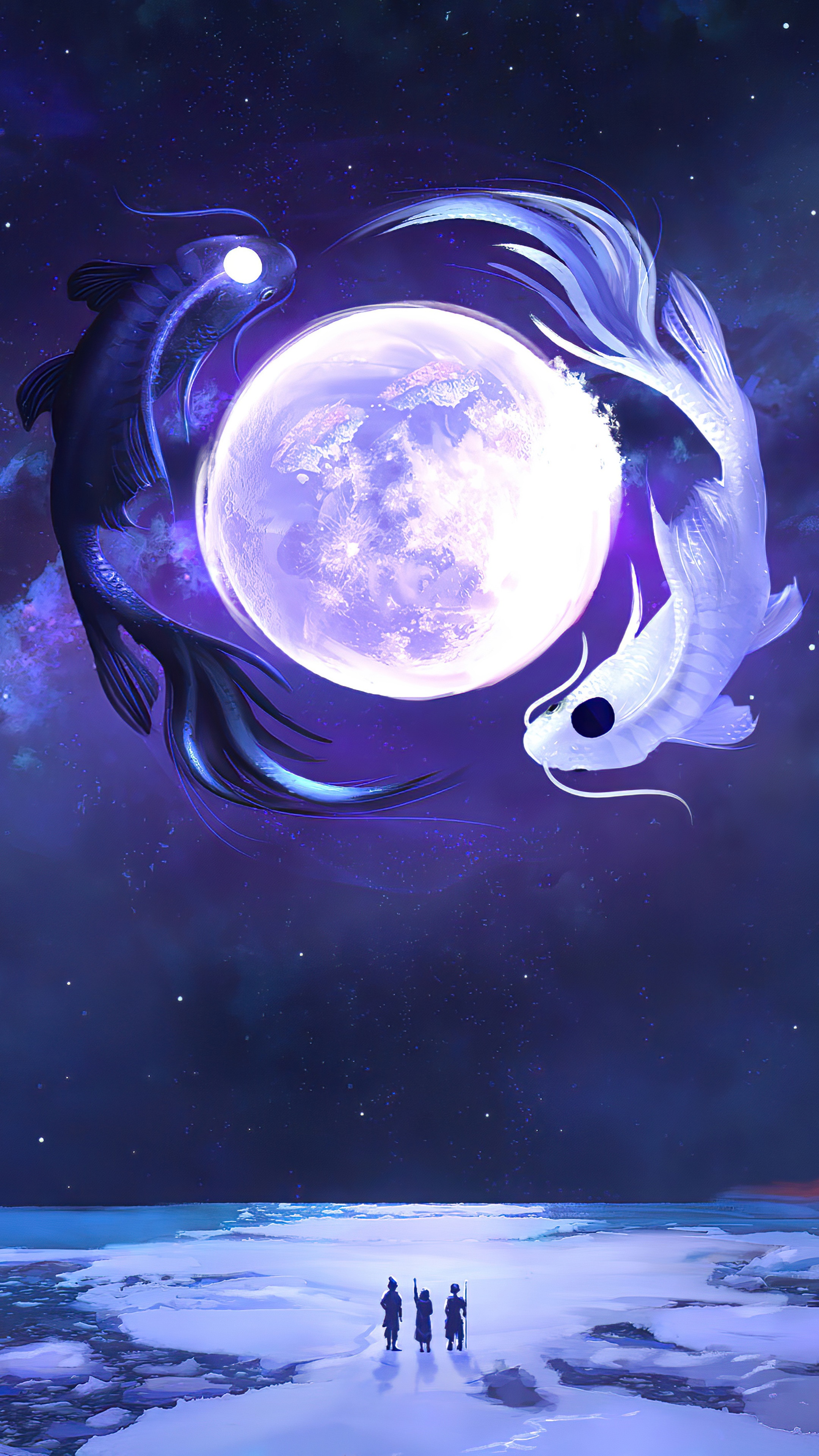 Tui and La with Moon and Three Figures HD Phone Wallpaper
