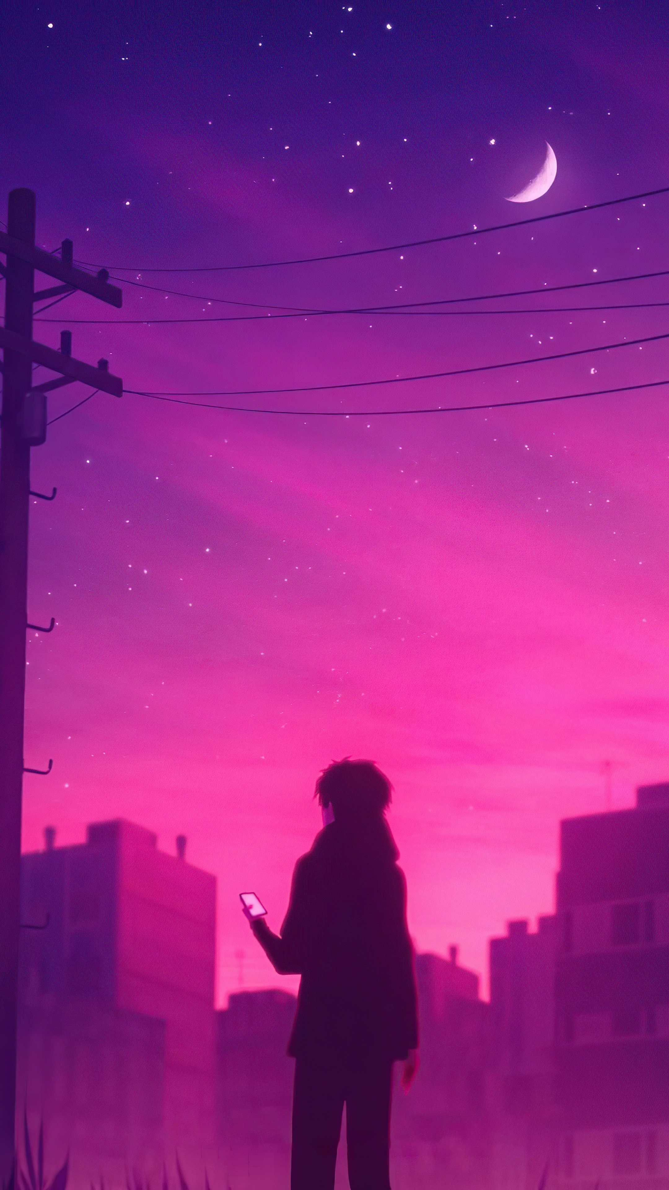 Synthwave artwork of a person looking at a phone HD Phone Wallpaper