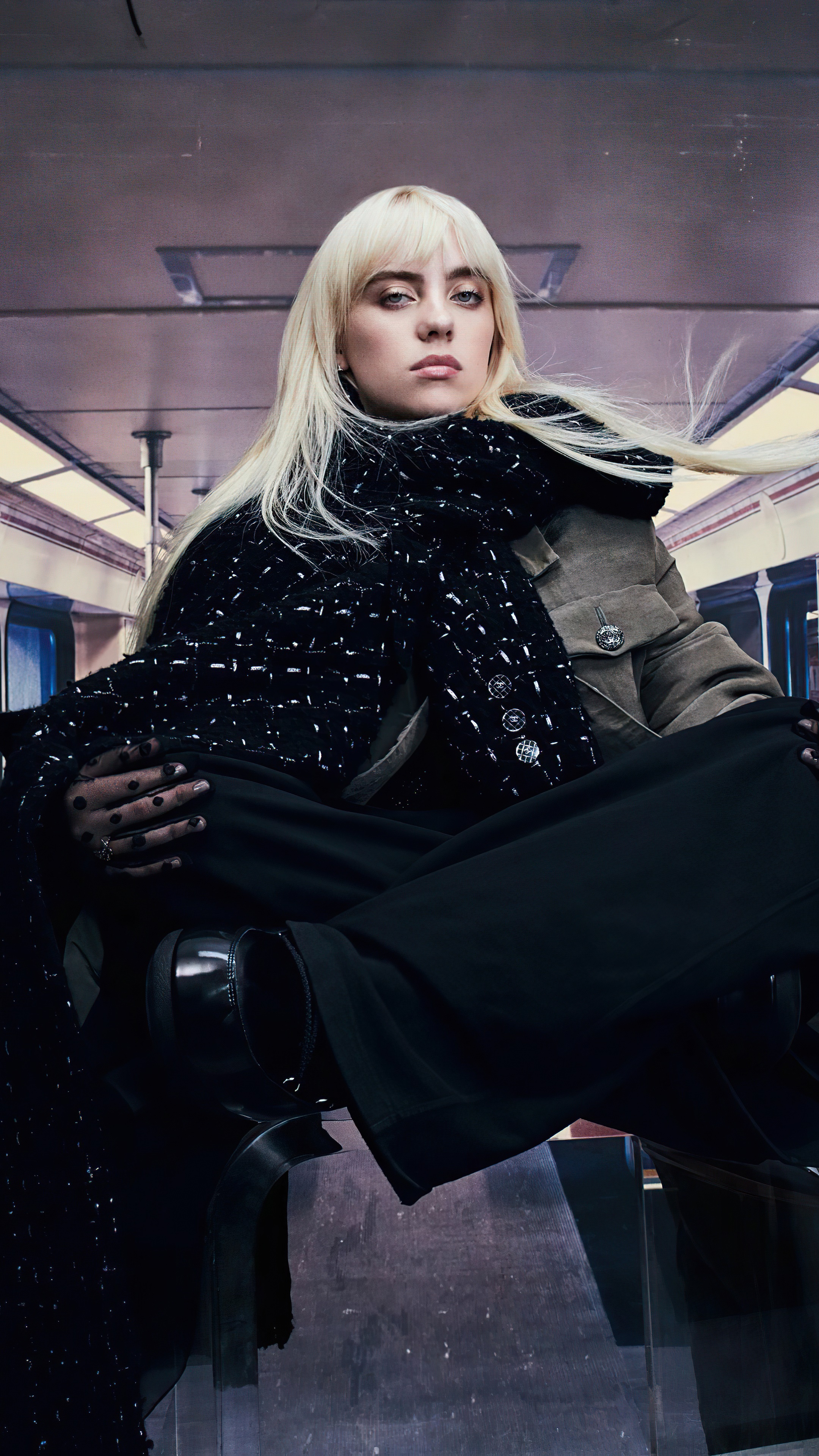 Billie Eilish sitting on a subway train HD Phone Wallpaper