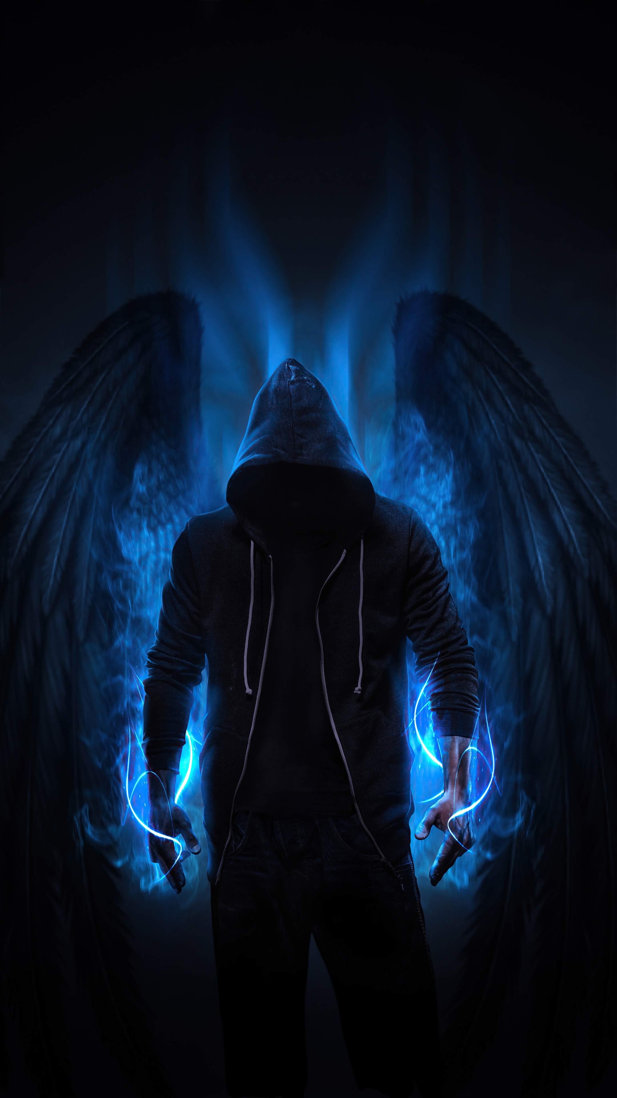 Hooded figure with wings and blue energy HD Phone Wallpaper