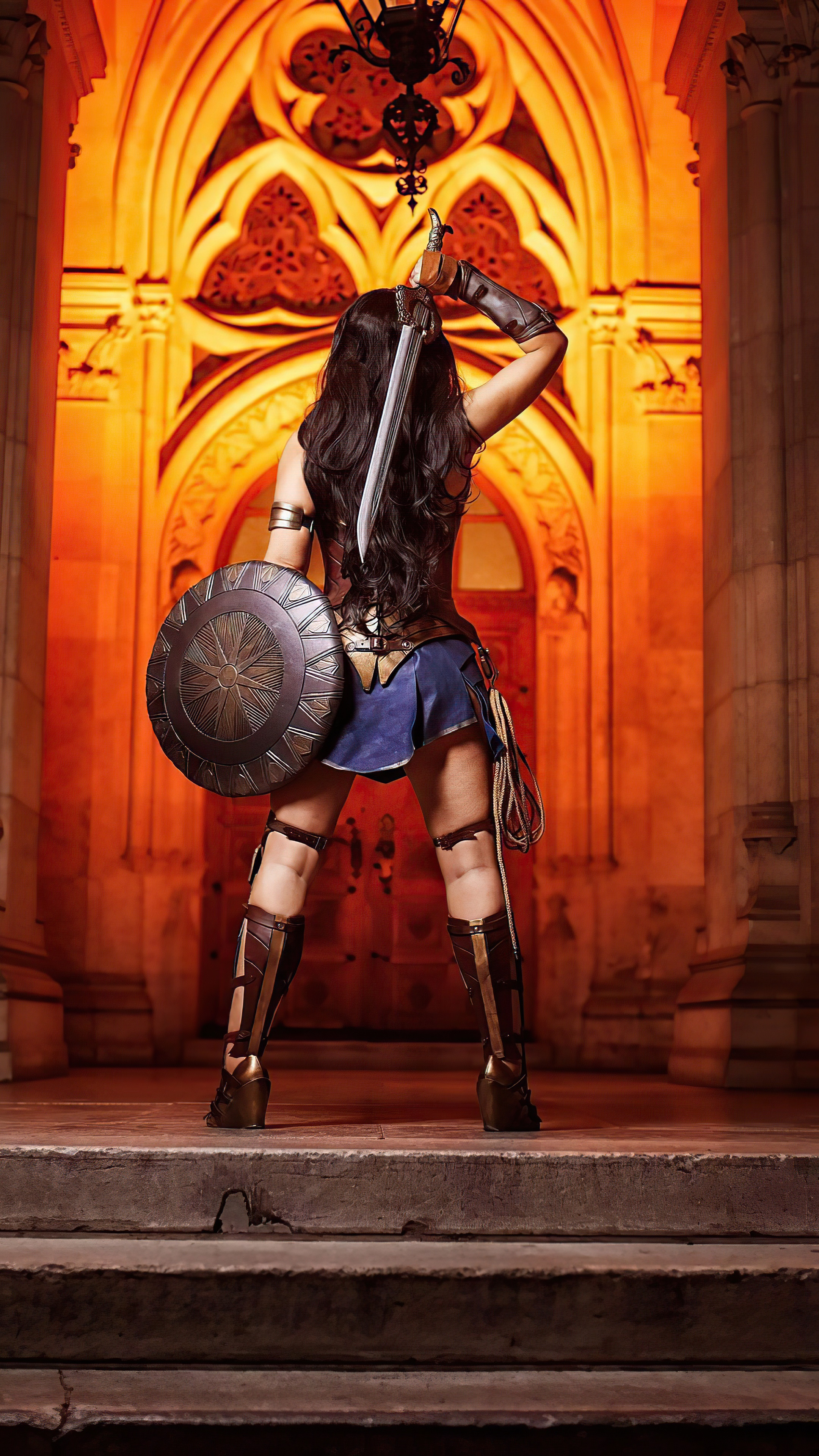 Wonder Woman cosplay with sword and shield HD Phone Wallpaper