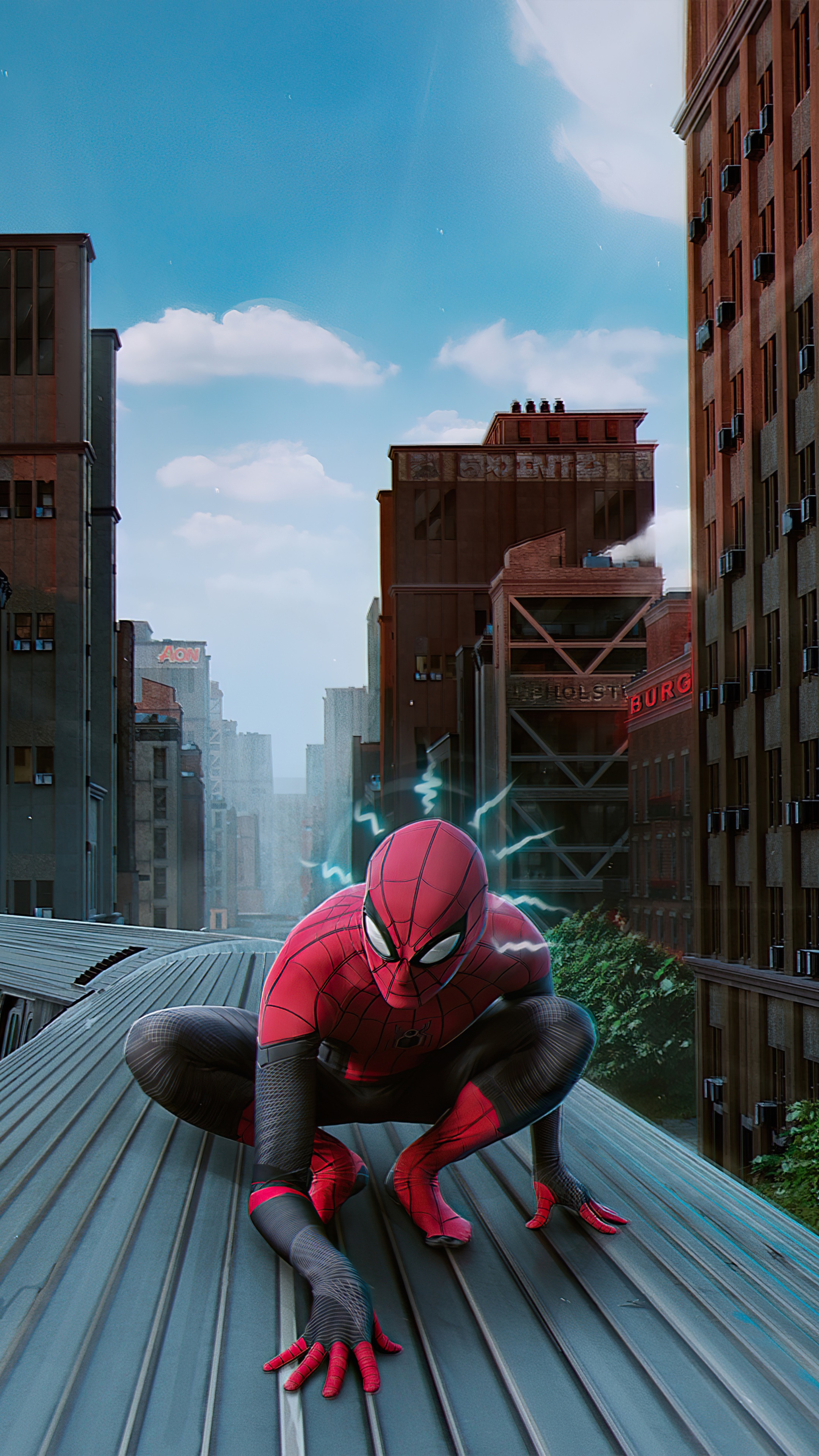 Spider-Man on a train roof in a city HD Phone Wallpaper