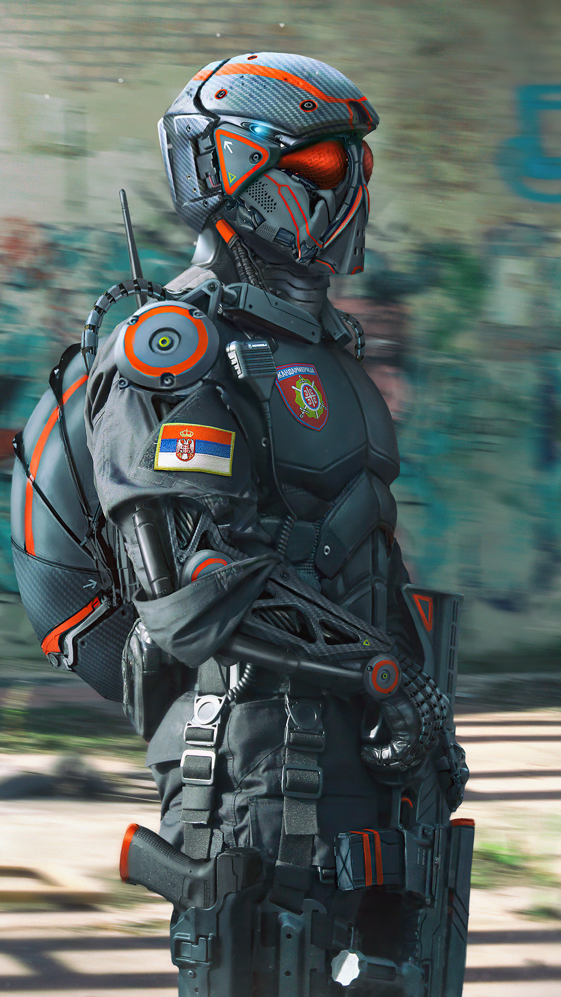Futuristic soldier with Serbian flag patch HD Phone Wallpaper