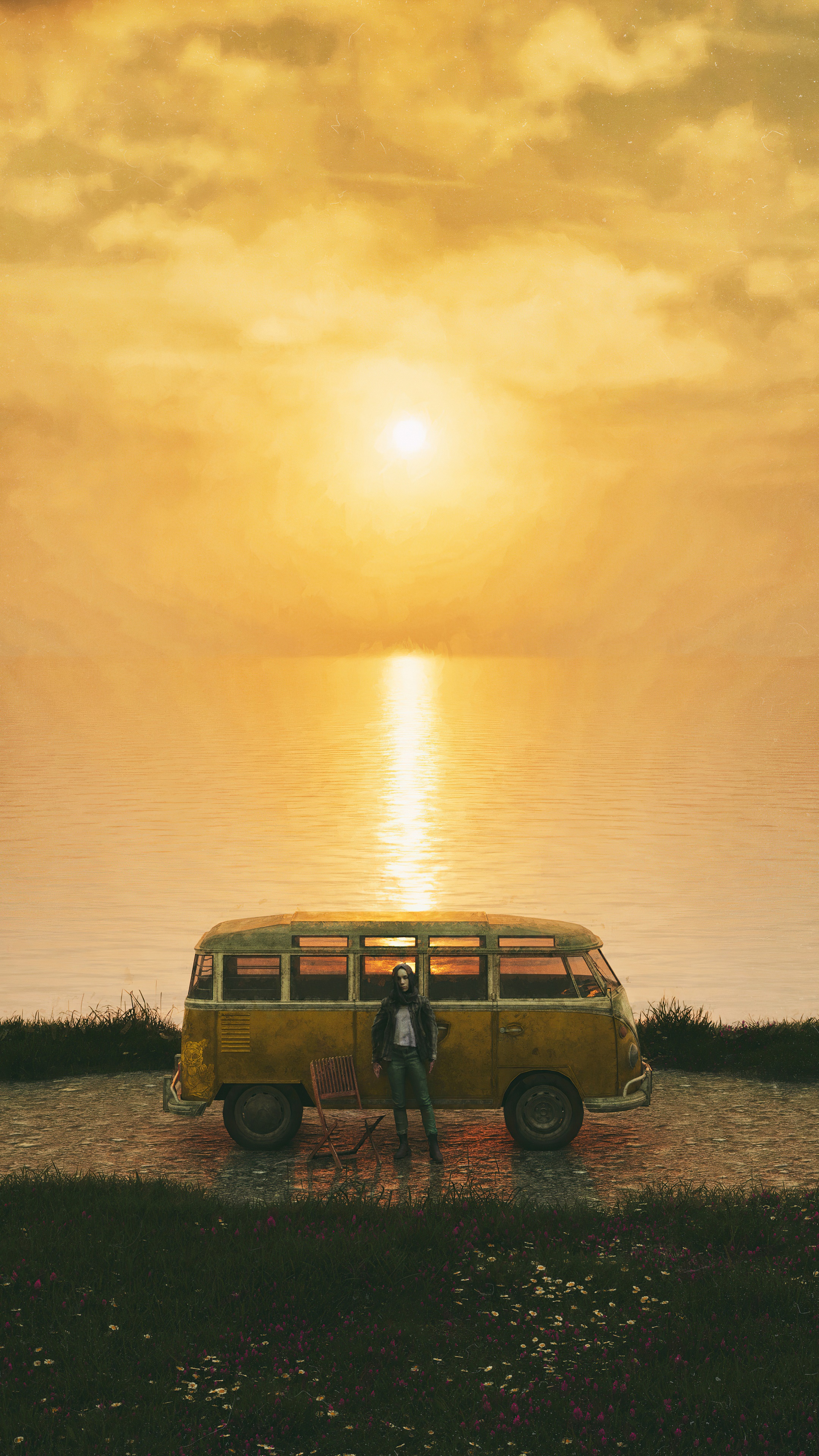 Person standing by a yellow van at sunset HD Phone Wallpaper