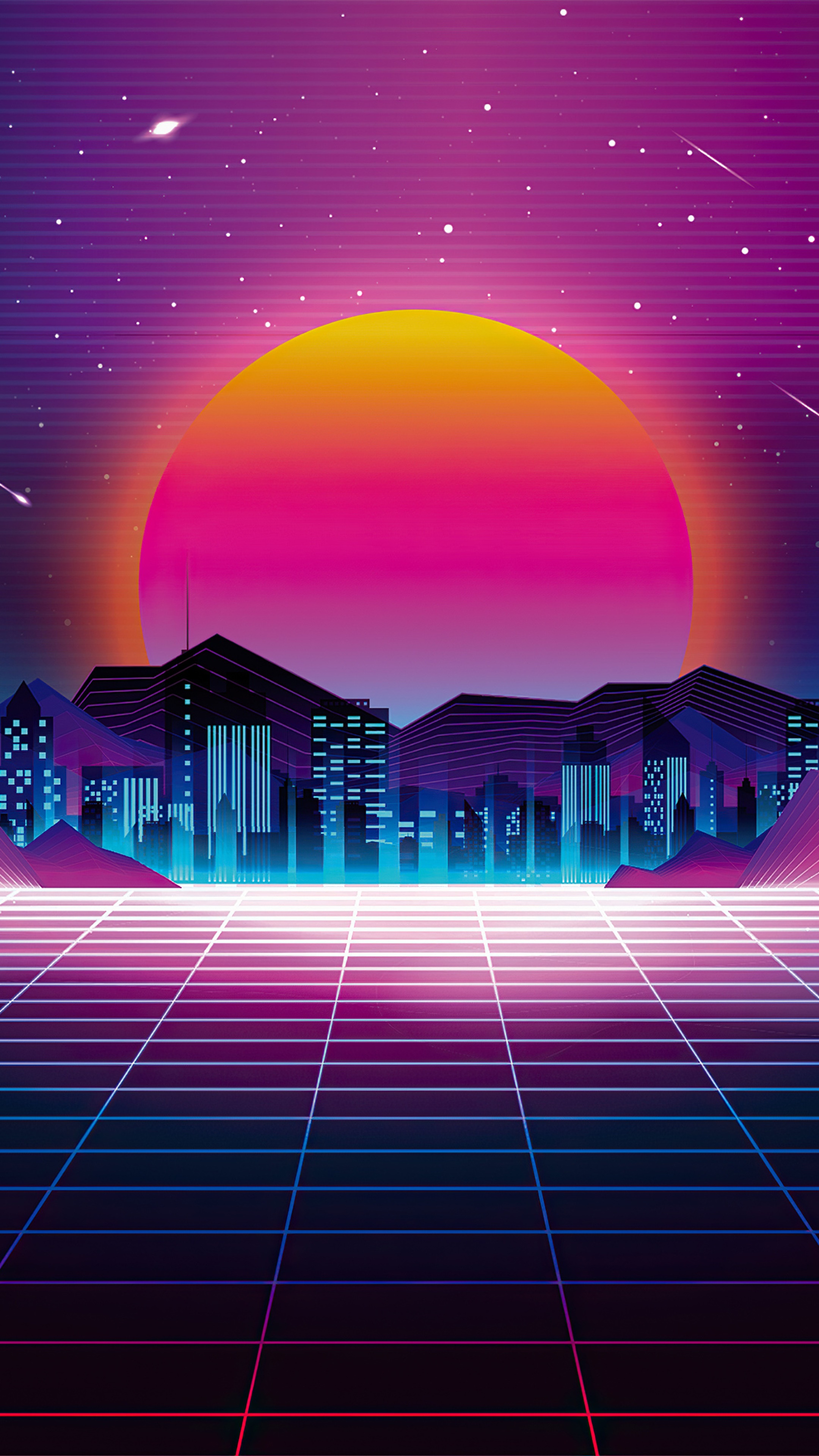 Retrowave Cityscape with Large Sun HD Phone Wallpaper