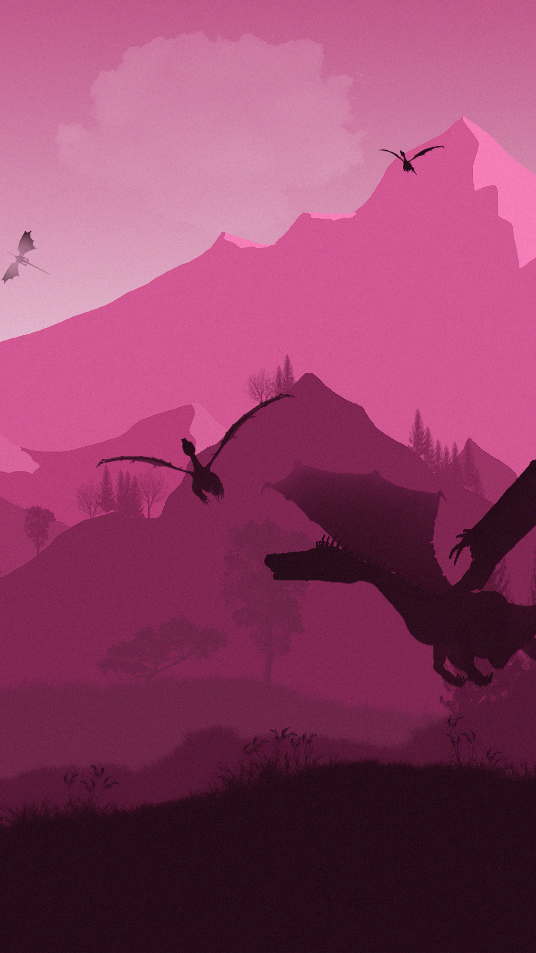 Minimalist pink landscape with dragons flying HD Phone Wallpaper