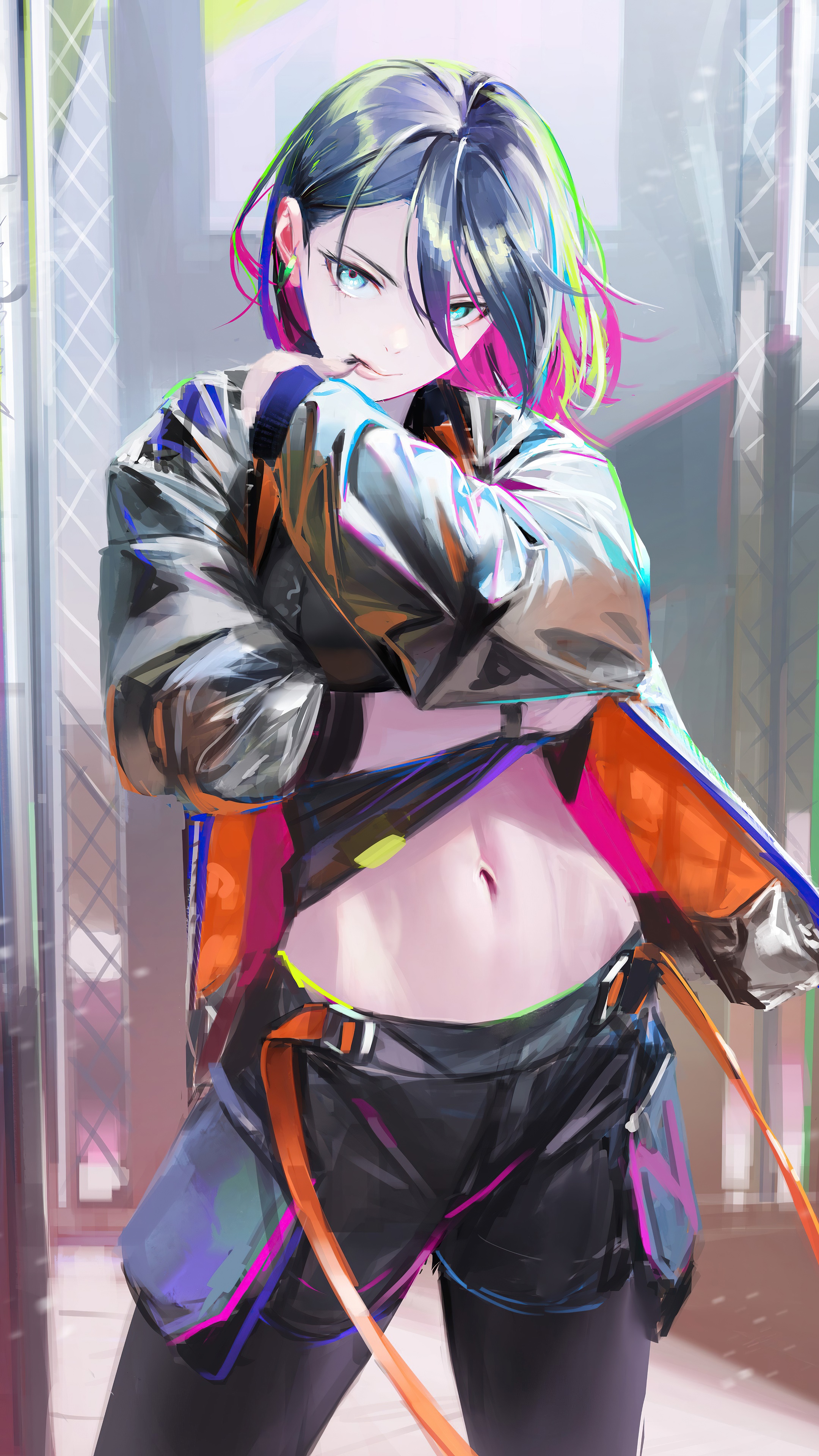 Anime girl with colorful hair and jacket HD Phone Wallpaper