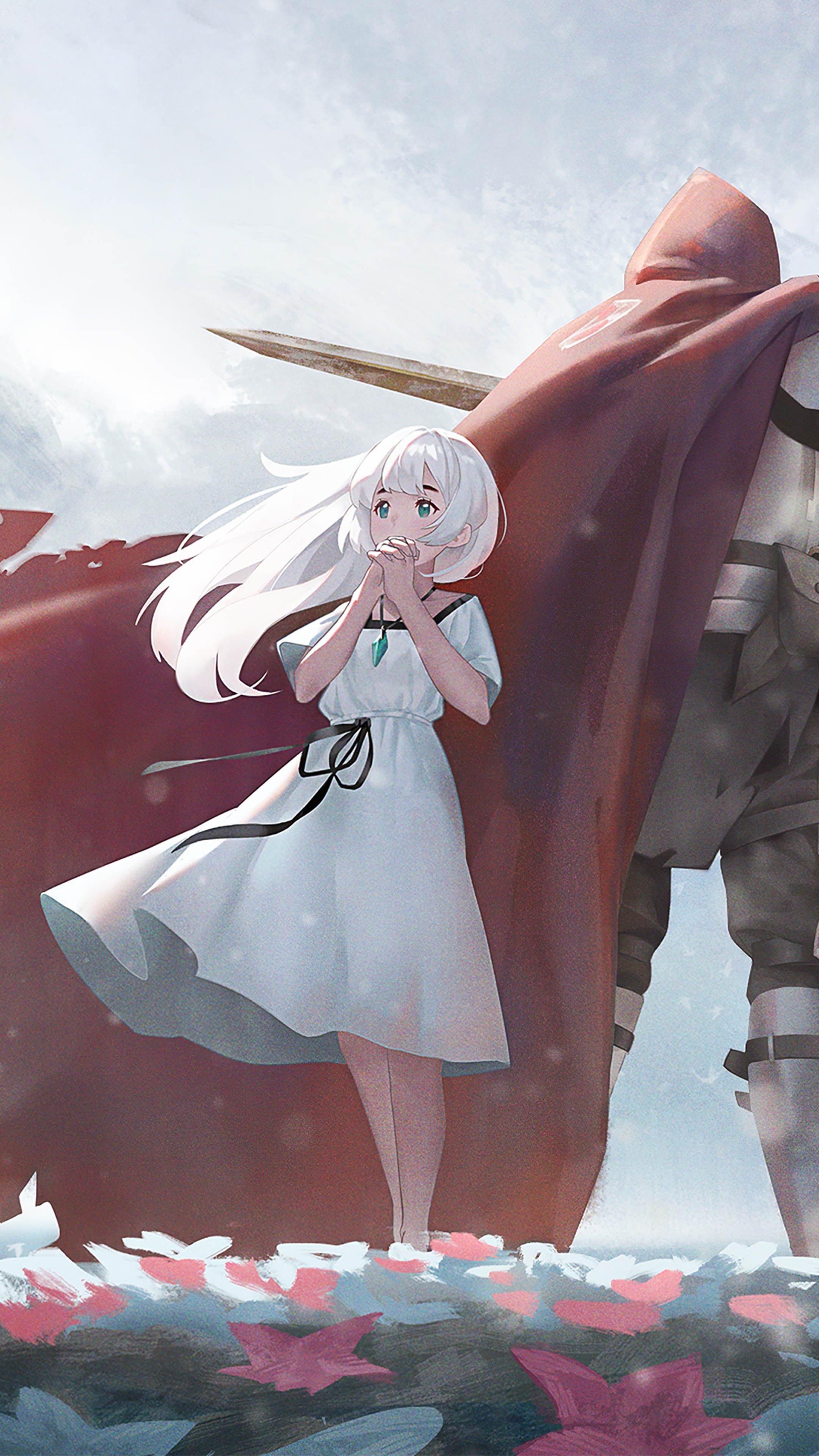 Anime girl in white dress with knight HD Phone Wallpaper