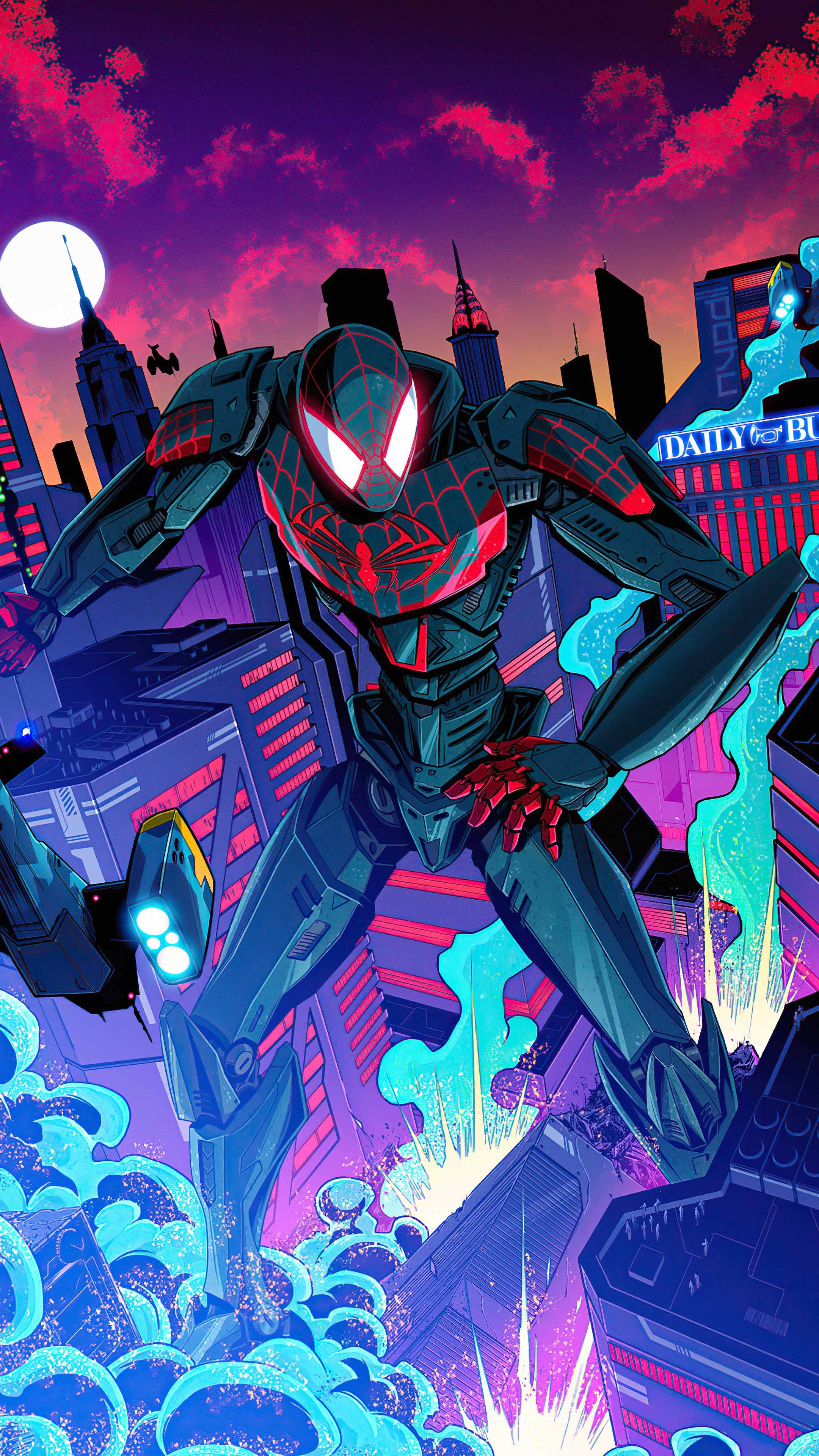 Spider-Man in a futuristic city HD Phone Wallpaper