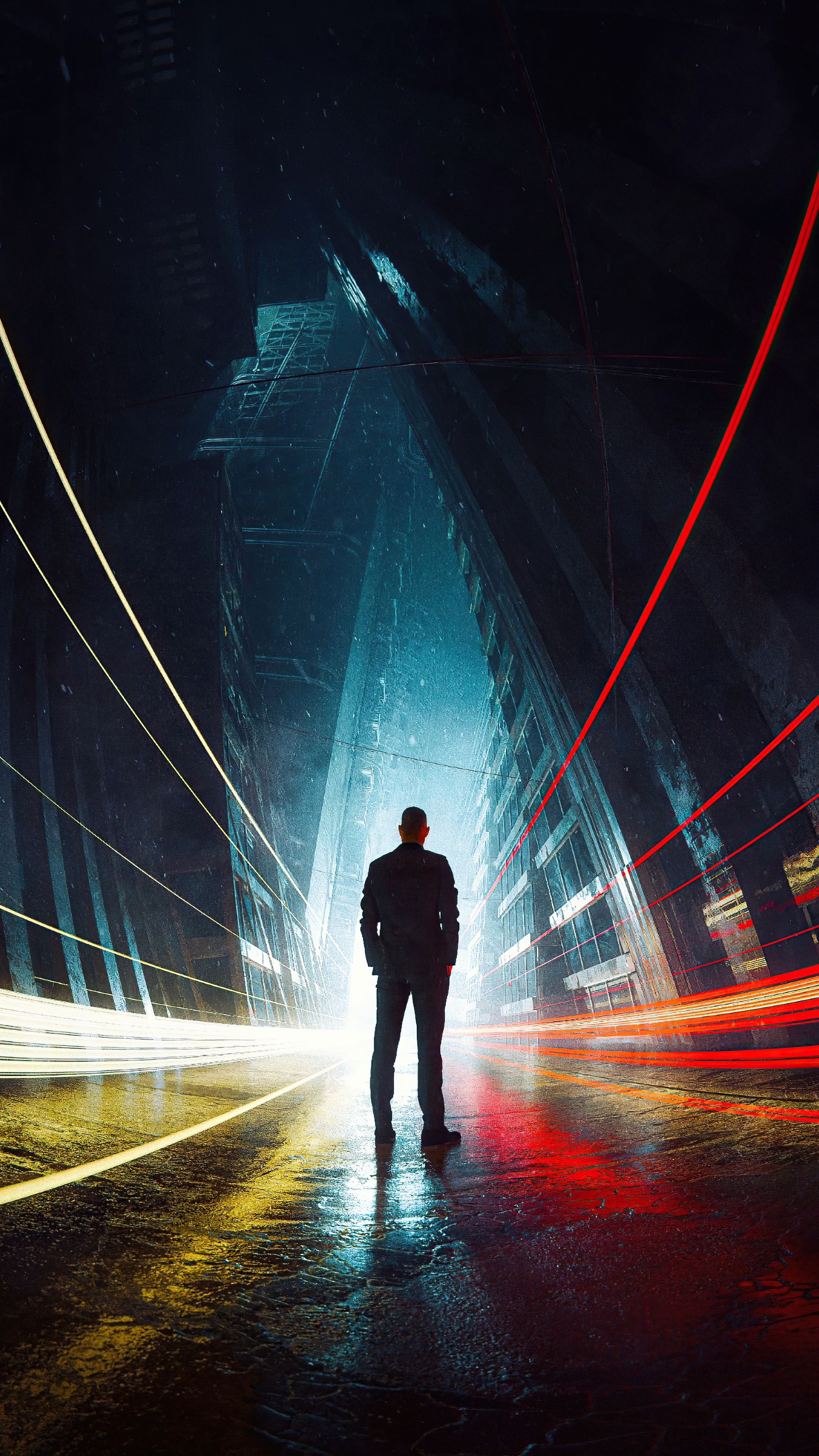 Man standing in a futuristic city with light trails HD Phone Wallpaper