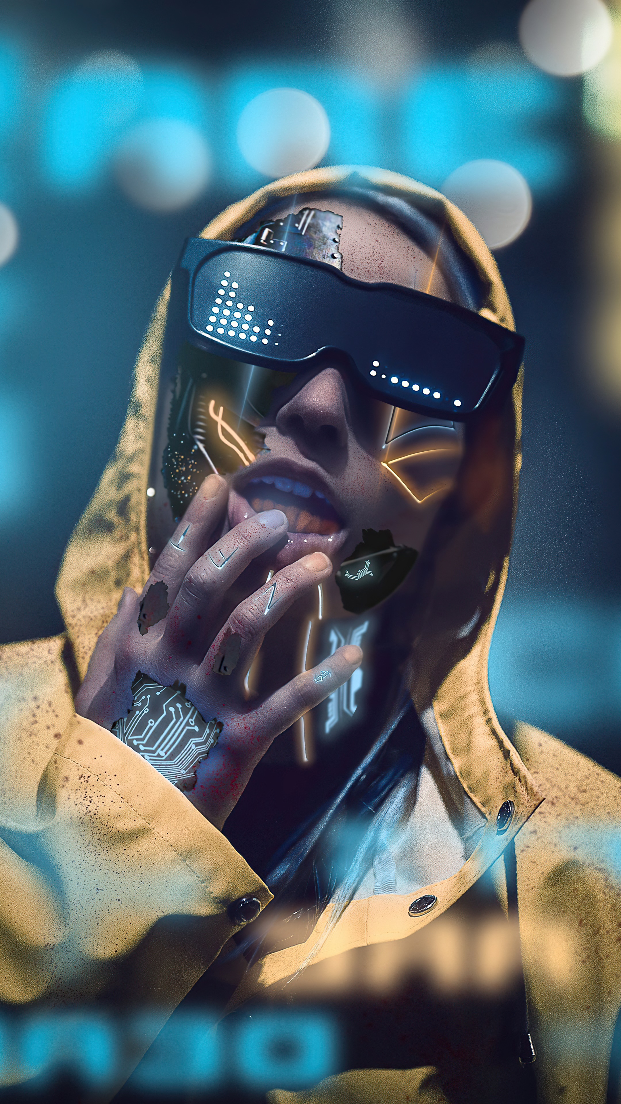 Cyborg artist with digital glasses and yellow hoodie HD Phone Wallpaper