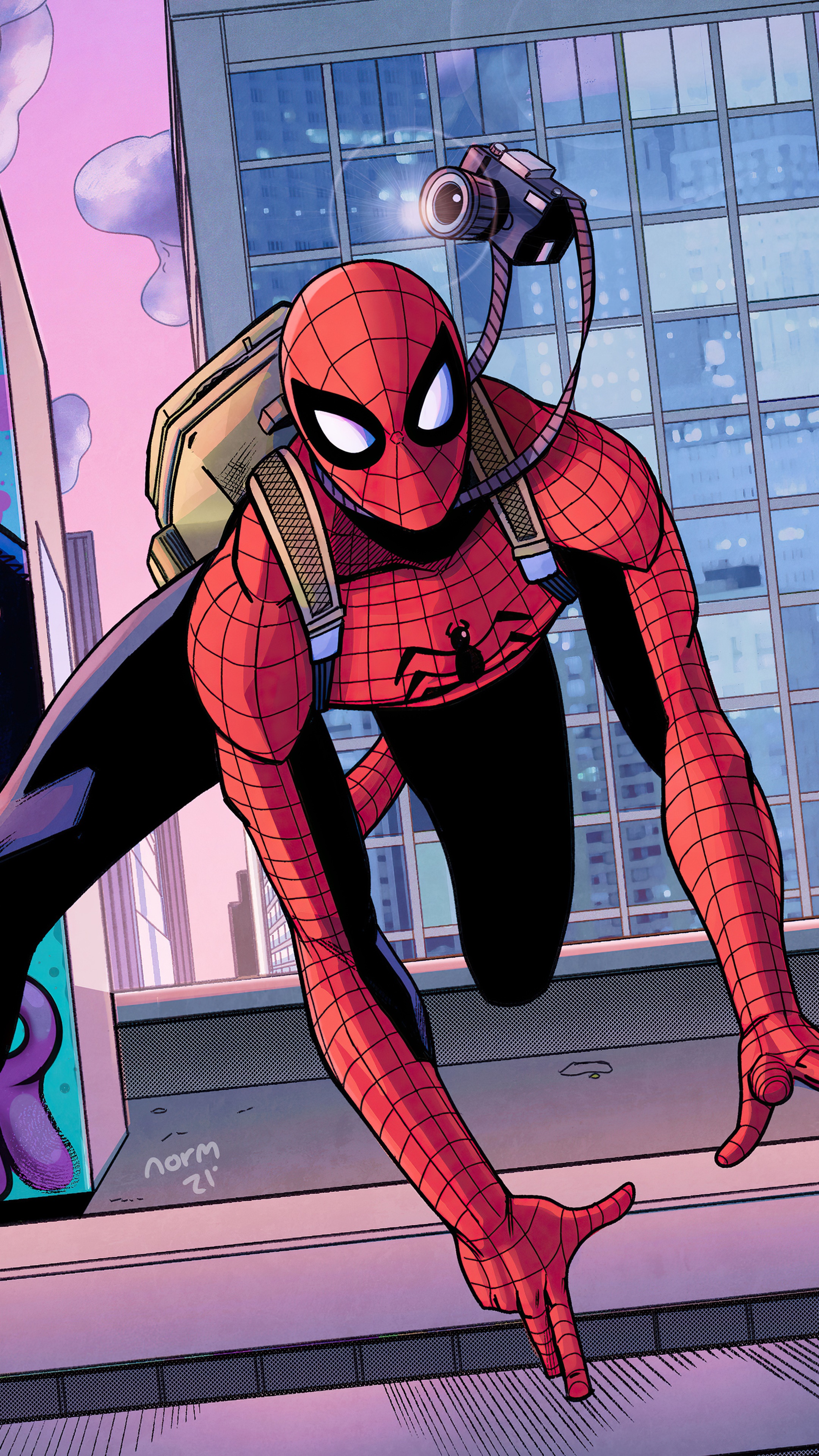 Spider-Man with a camera and backpack HD Phone Wallpaper