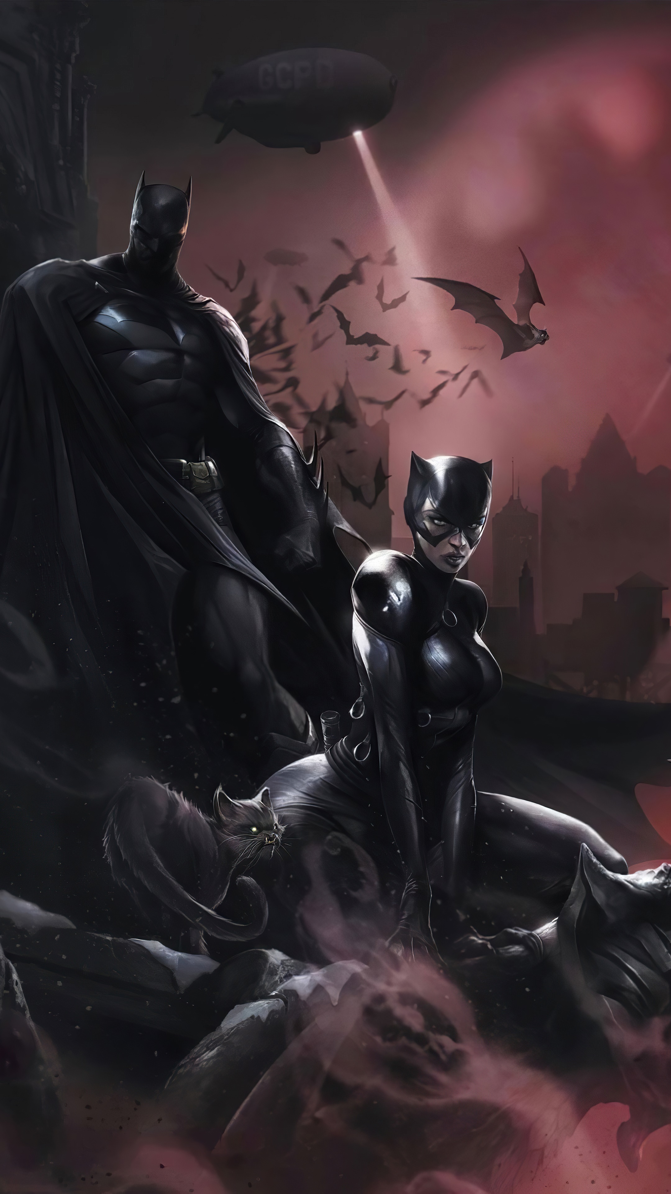 Batman and Catwoman with bats and blimp HD Phone Wallpaper