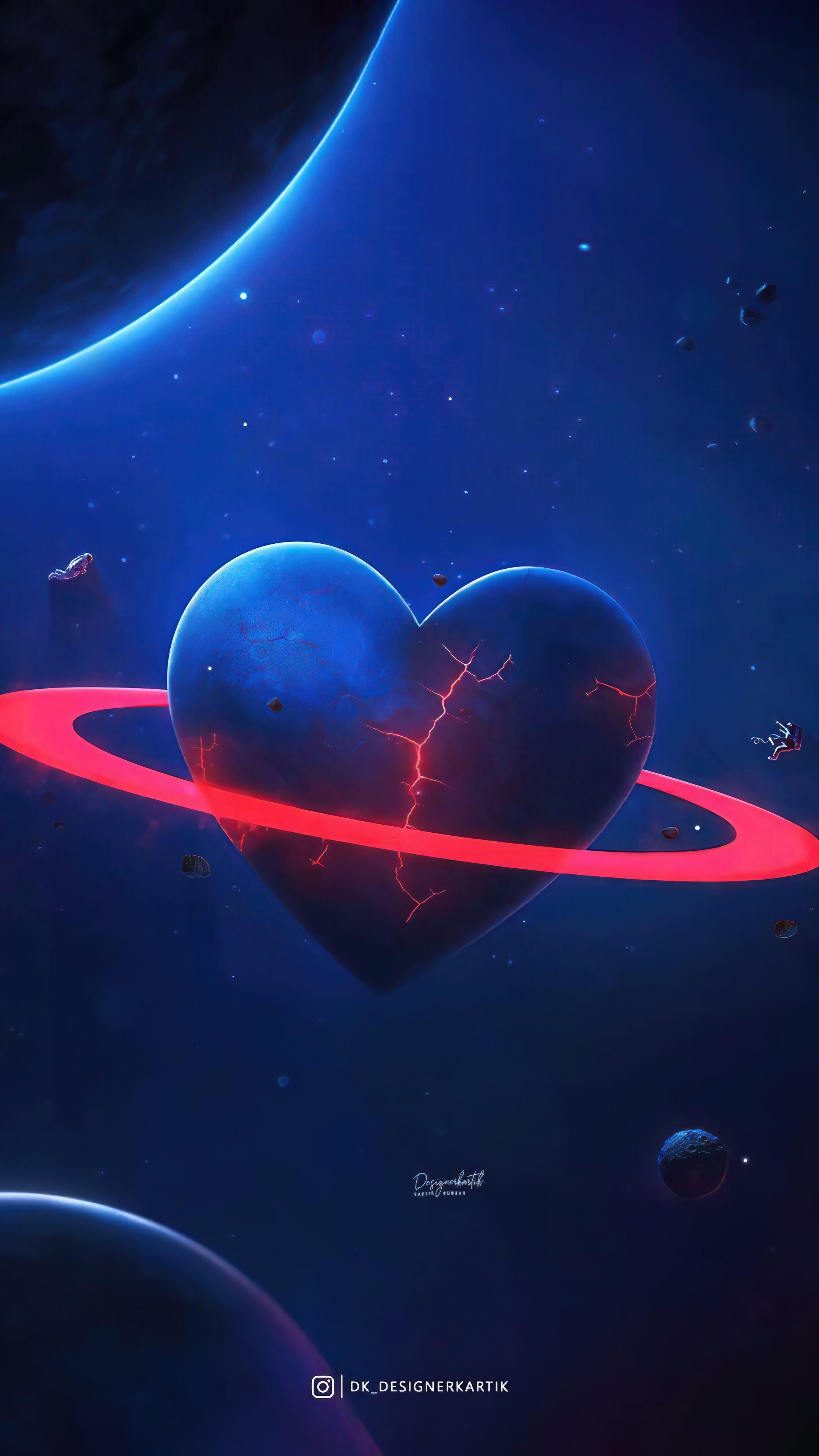 Cracked heart planet with red ring in space HD Phone Wallpaper