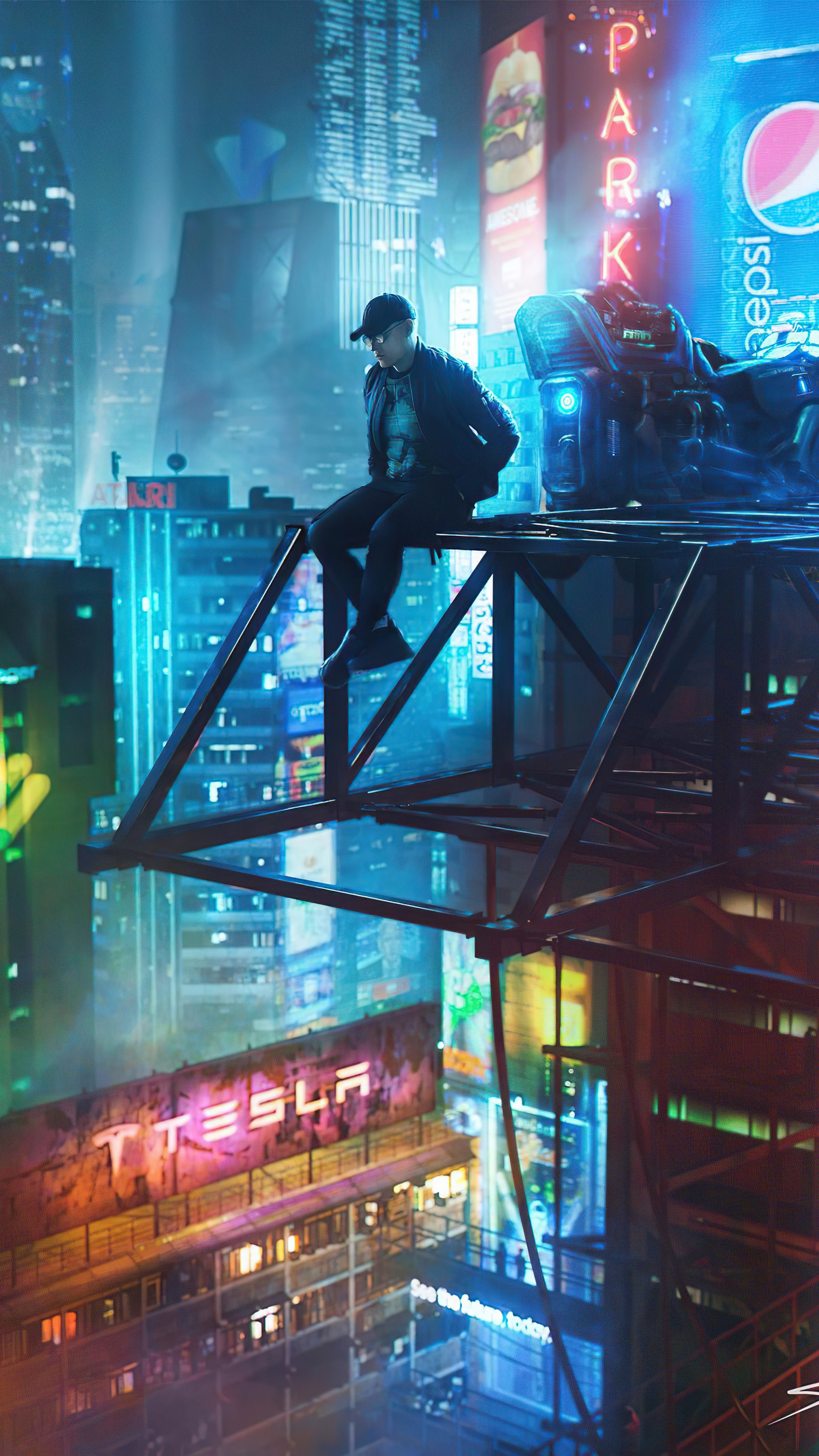 Man sitting on platform in futuristic city with Tesla sign HD Phone Wallpaper