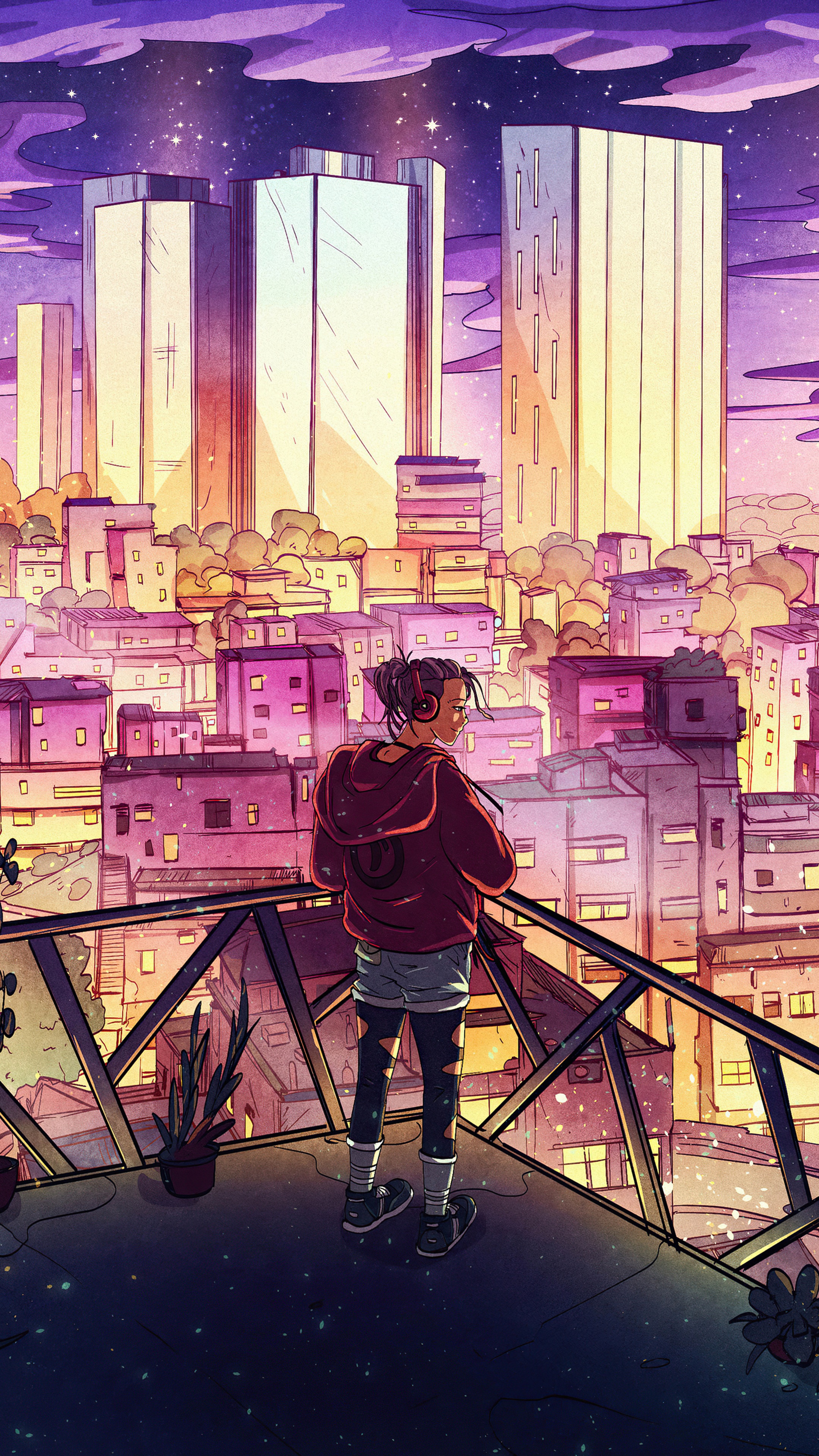 Anime girl with headphones overlooking city skyline at sunset HD Phone Wallpaper