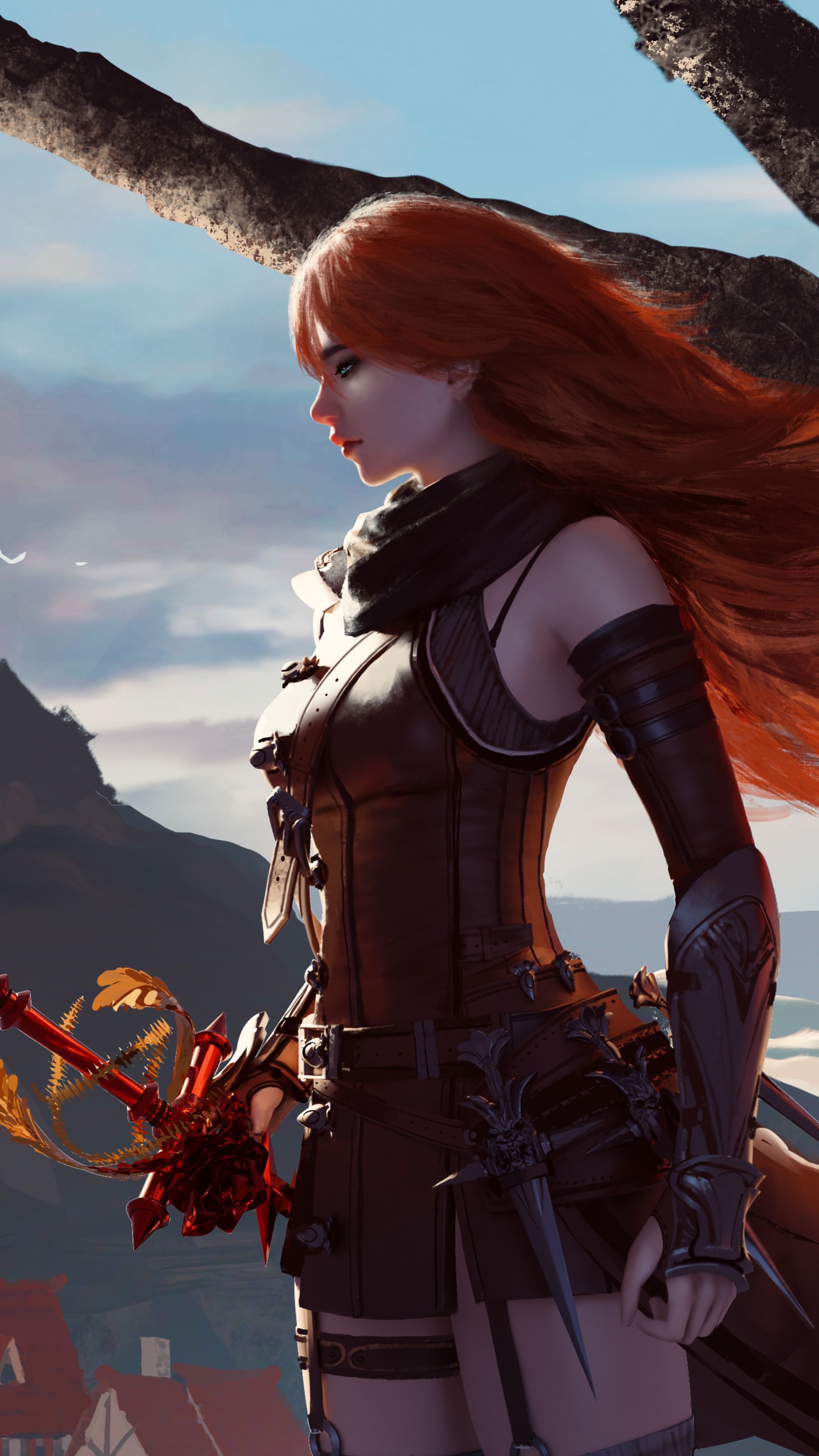 Red-haired warrior with ornate sword HD Phone Wallpaper