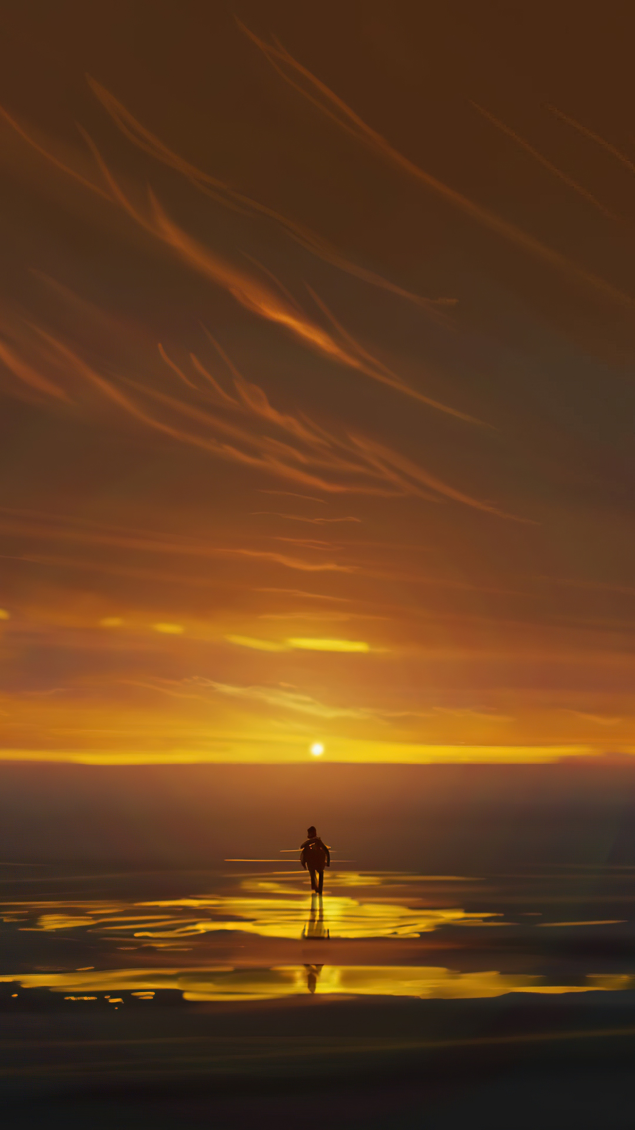 Person walking on wet sand during sunset HD Phone Wallpaper