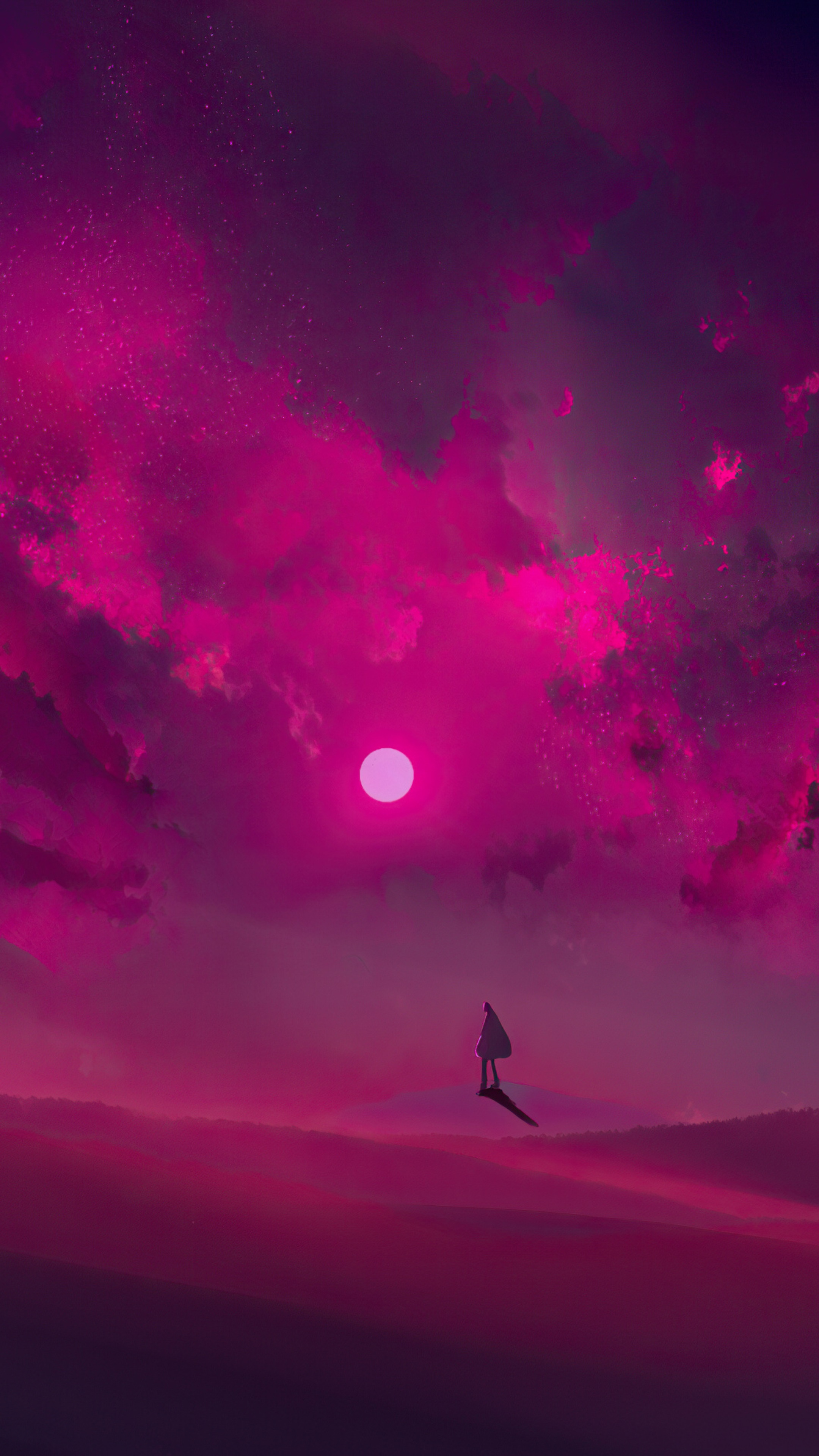 Person standing on a surreal pink landscape under a pink sun HD Phone Wallpaper