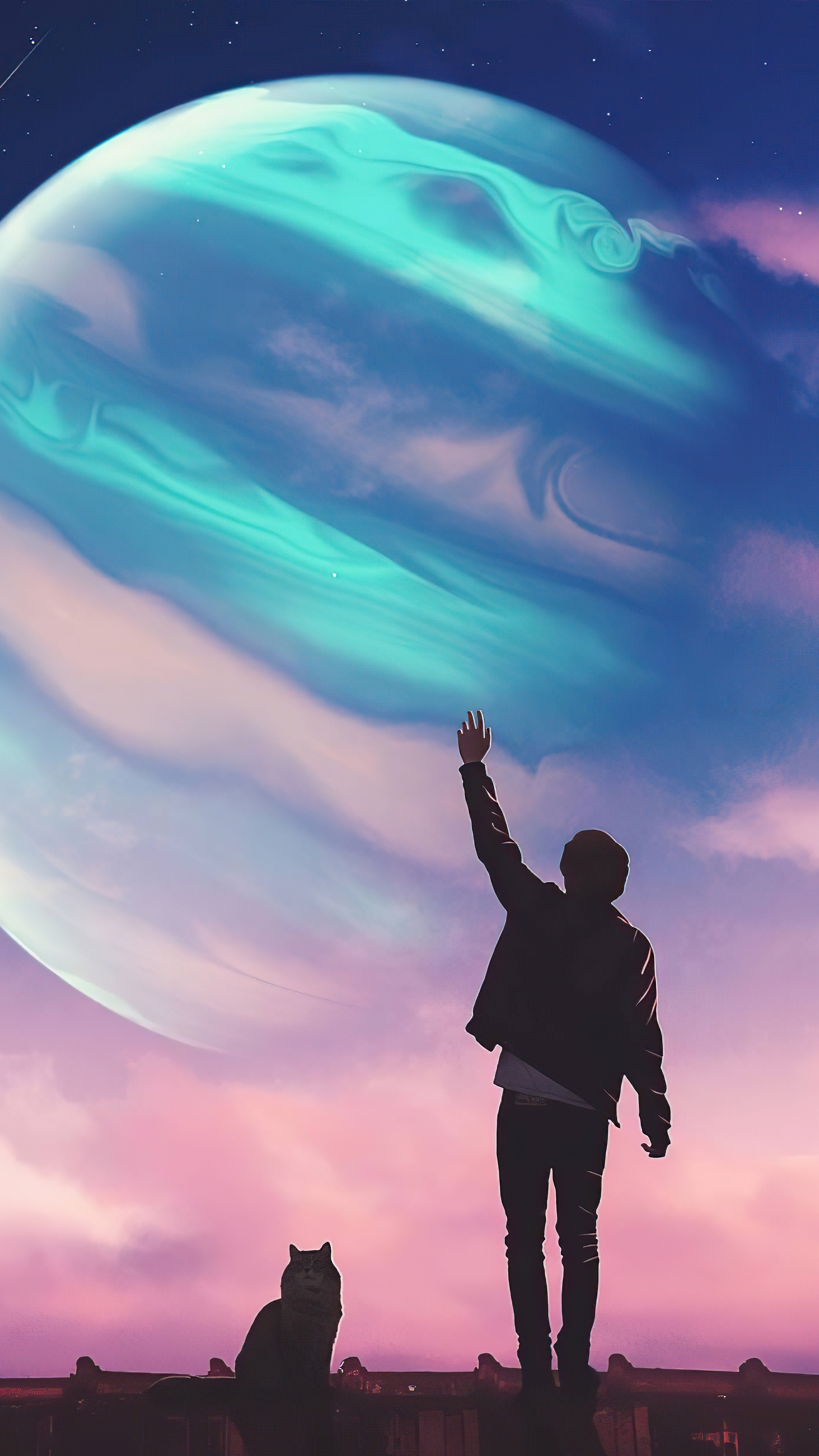 Man and dog looking at a planet HD Phone Wallpaper