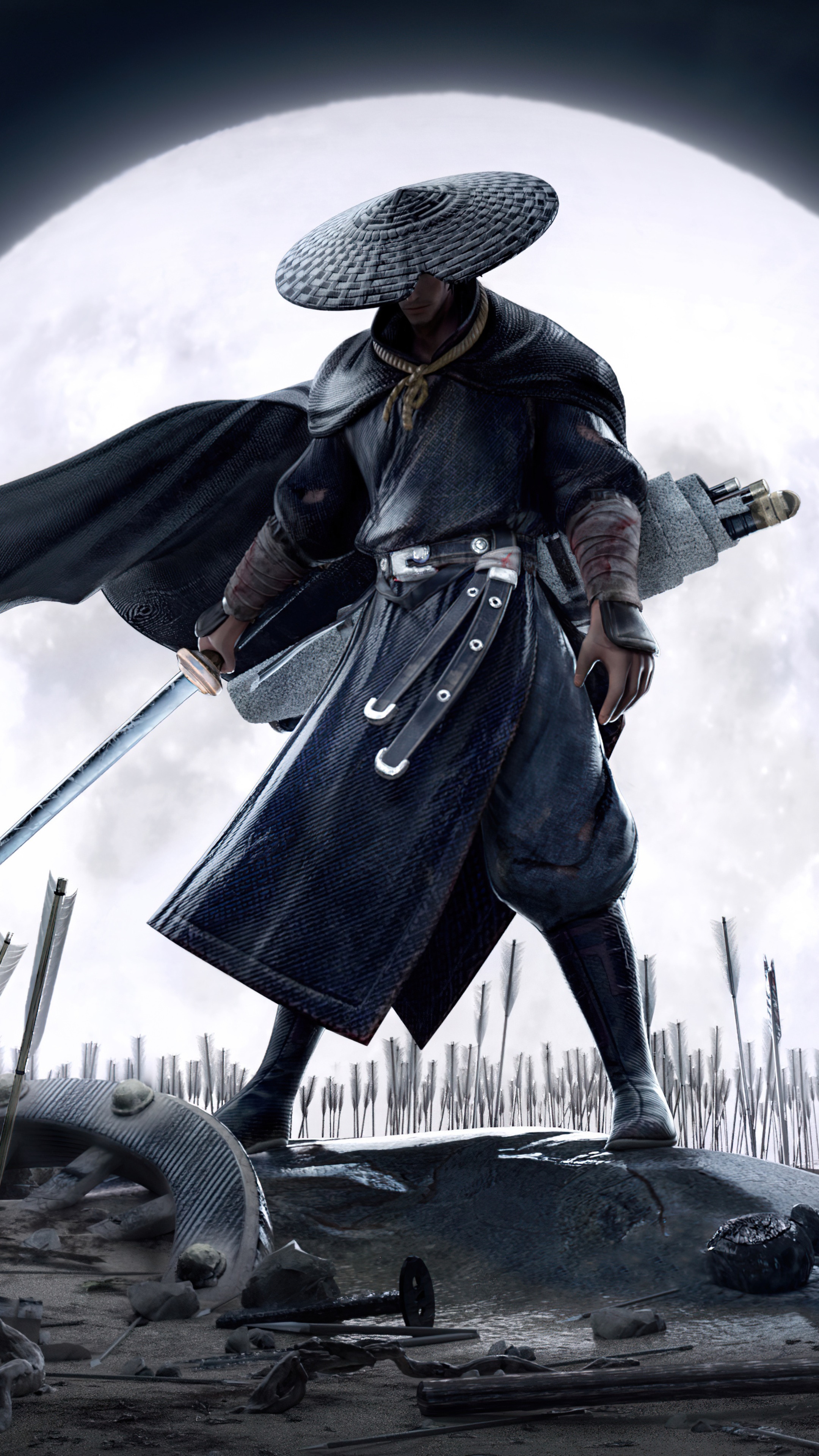 Samurai warrior with sword and moon HD Phone Wallpaper