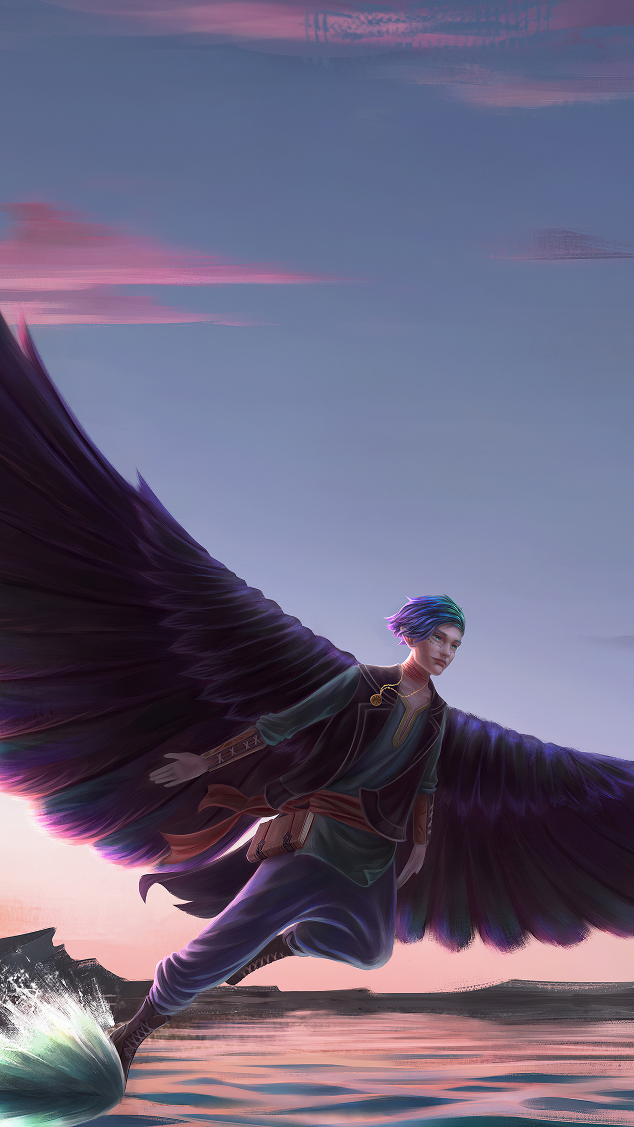Digital art of a winged person flying over water HD Phone Wallpaper