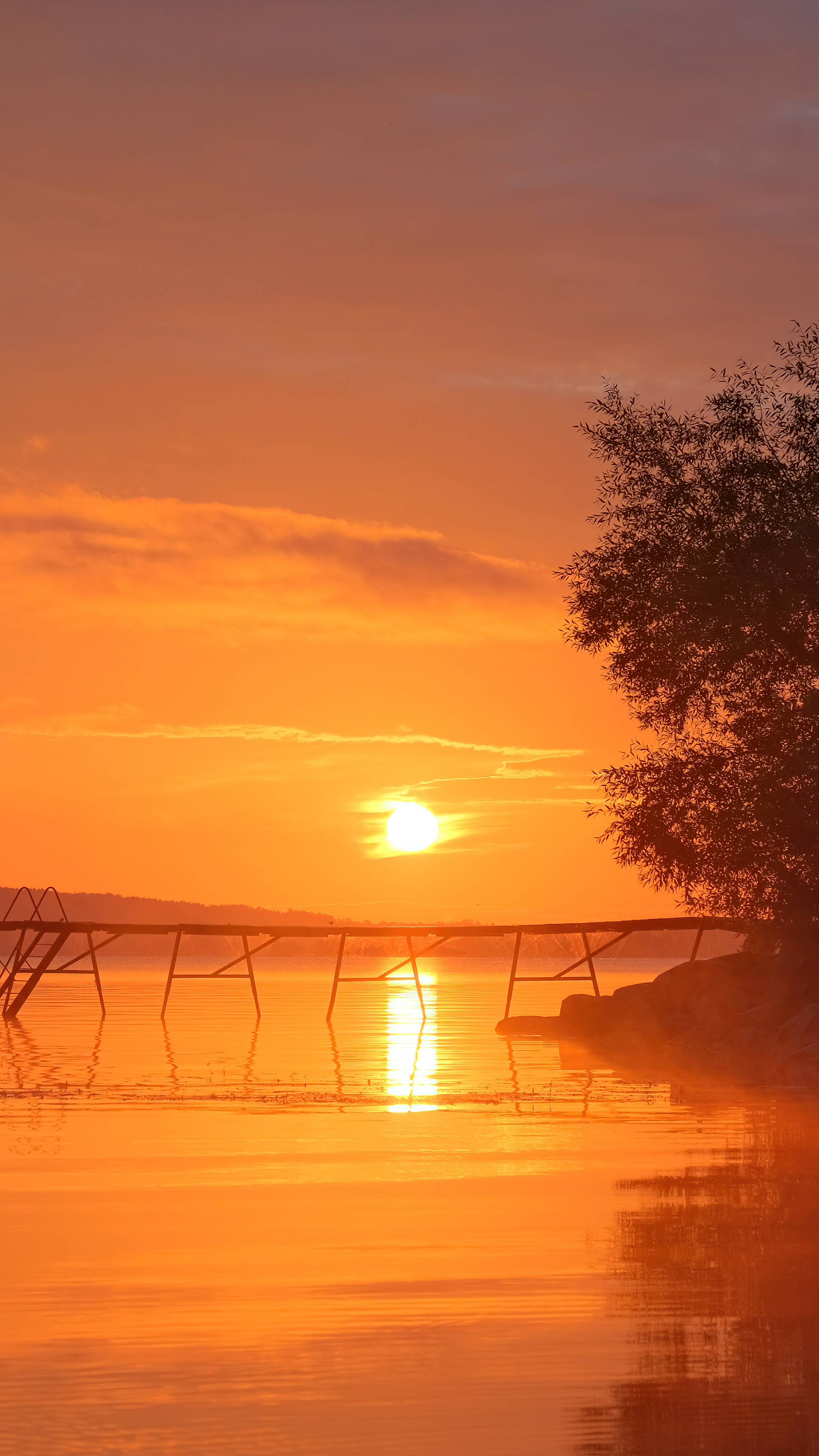 Sunset over a lake with a wooden pier HD Phone Wallpaper