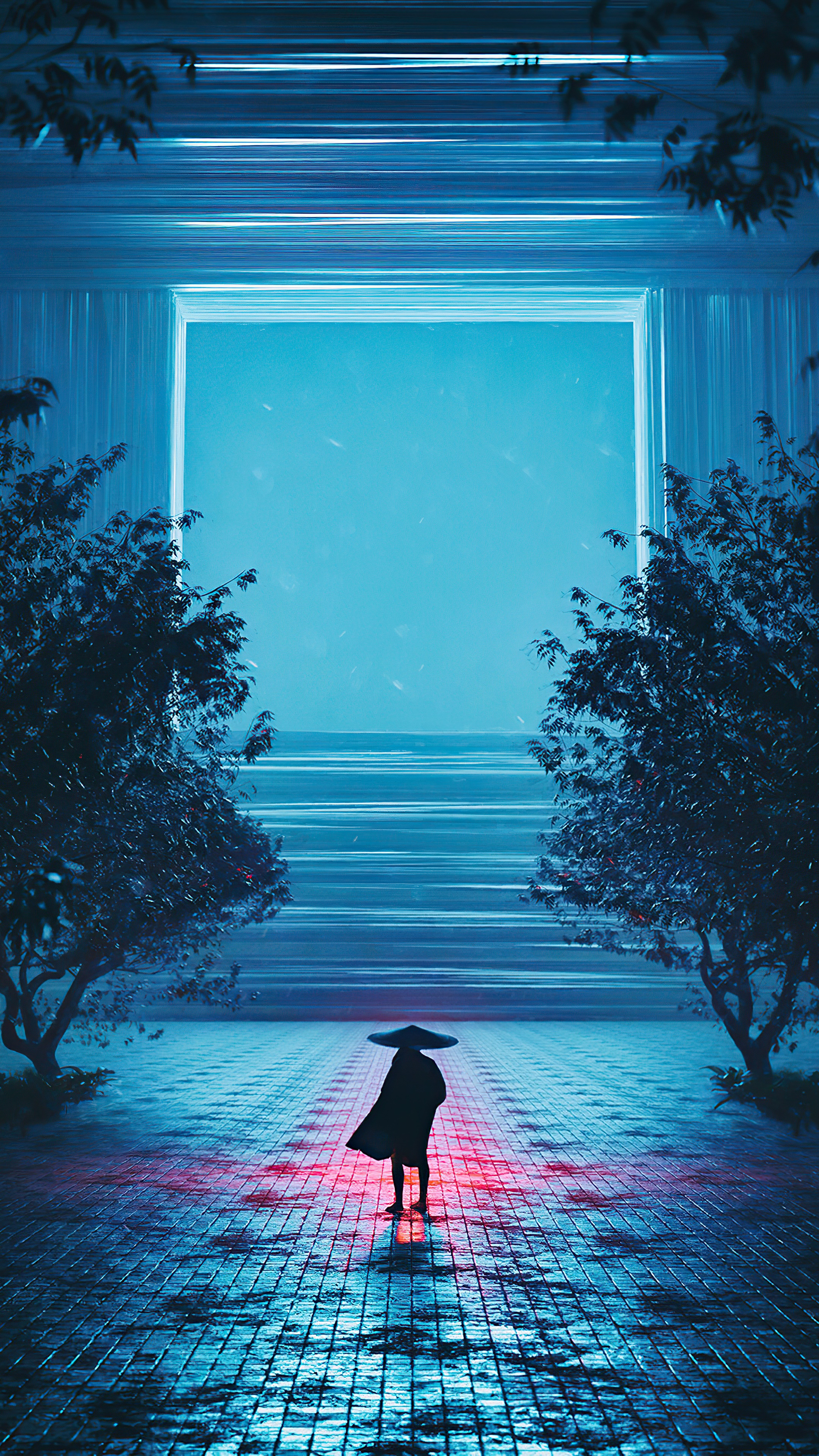 Silhouette of a person in a conical hat in front of a glowing portal HD Phone Wallpaper
