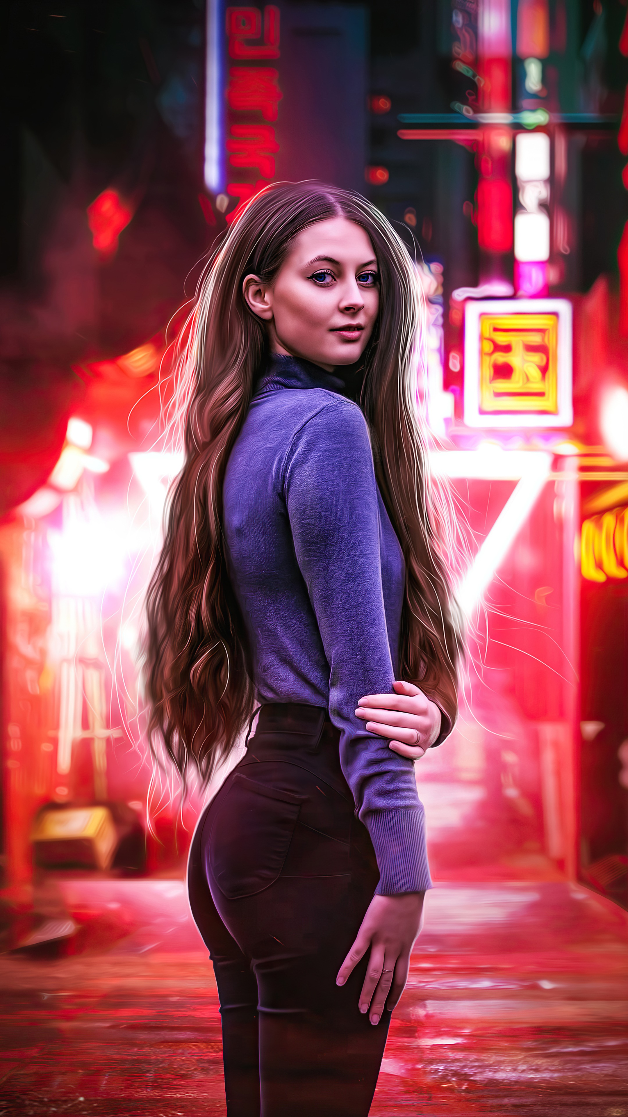 Woman in purple turtleneck in neon city HD Phone Wallpaper