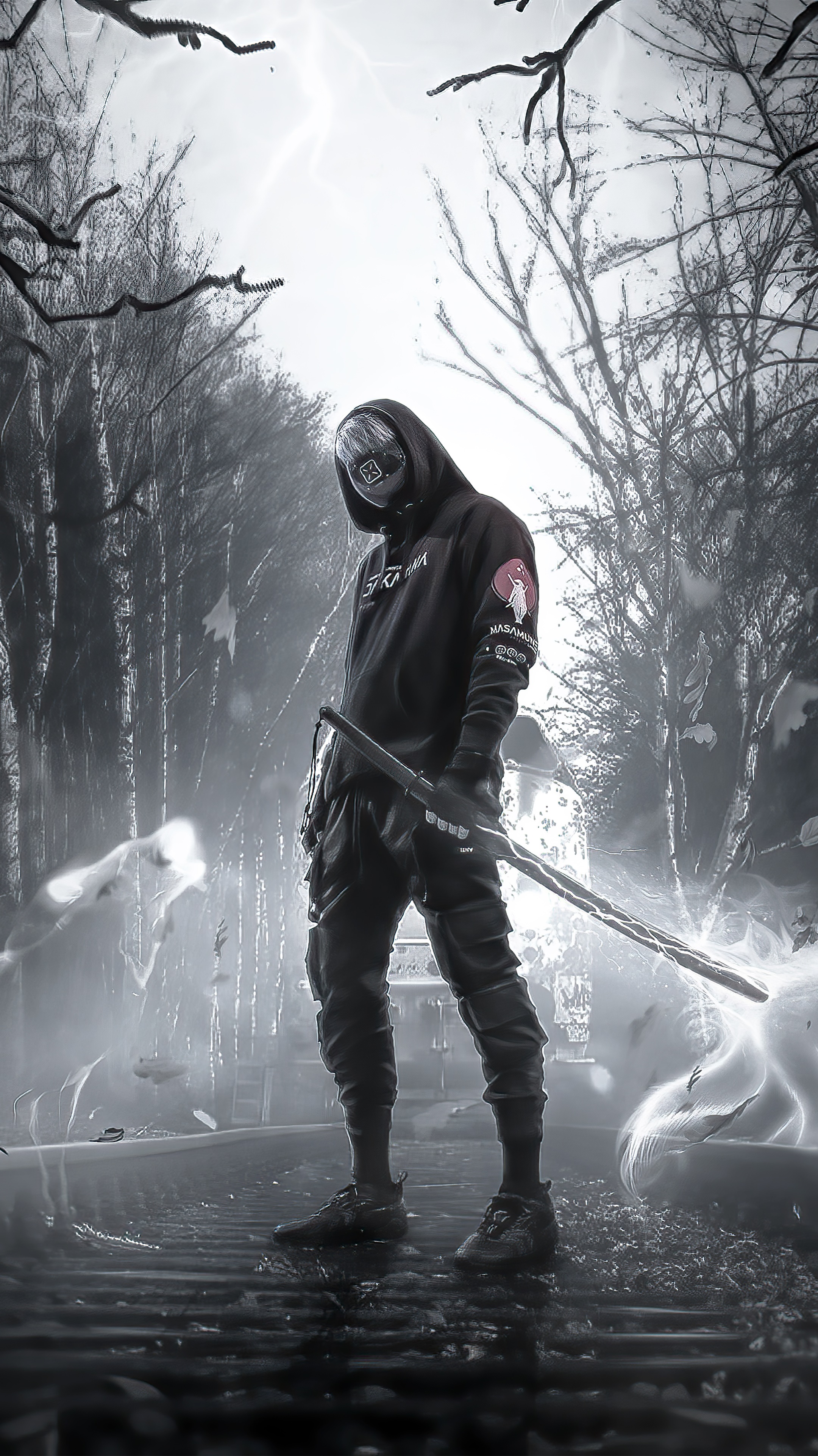 Warrior with sword in a dark forest HD Phone Wallpaper