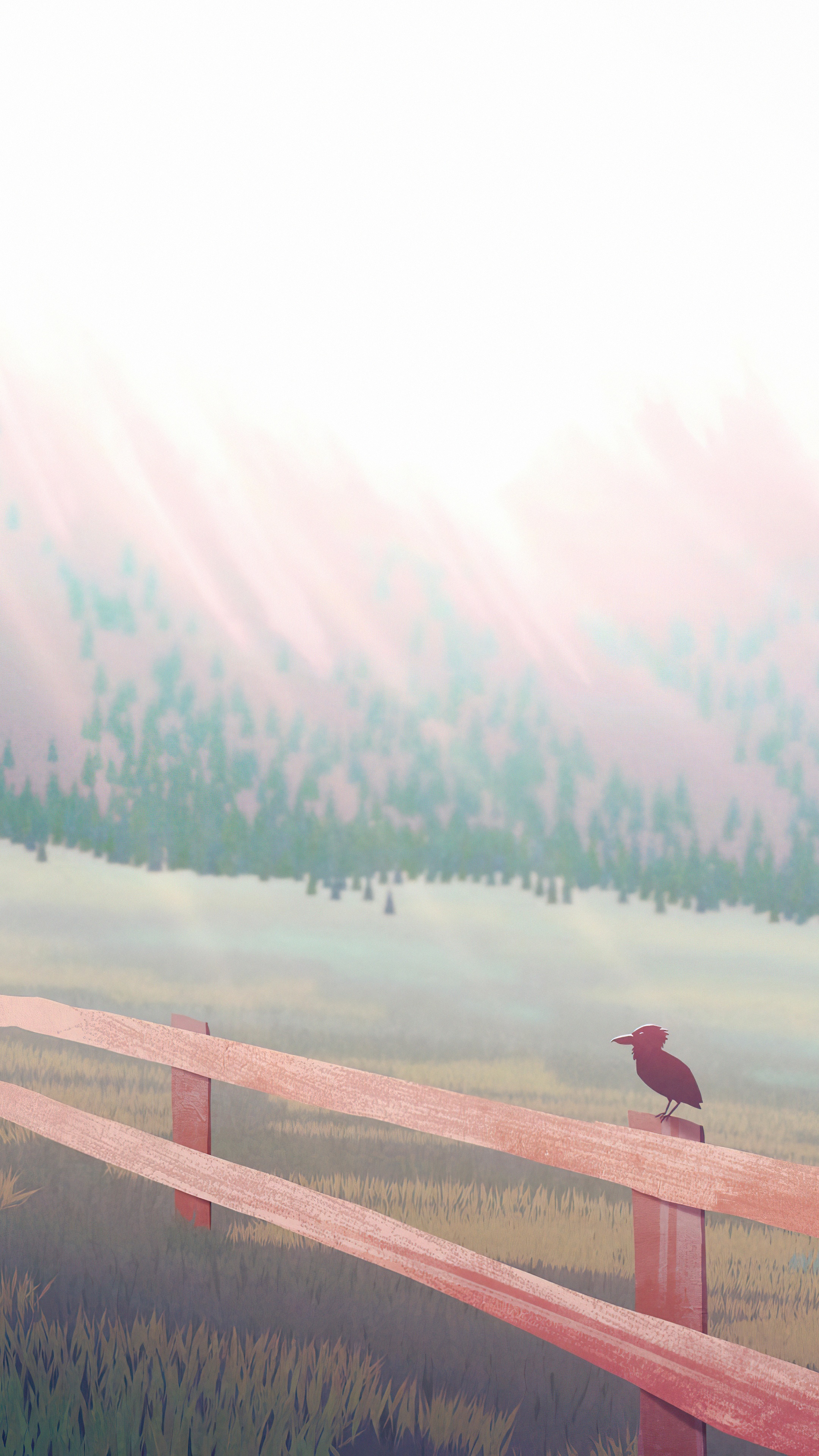 Bird on a fence in a misty landscape HD Phone Wallpaper