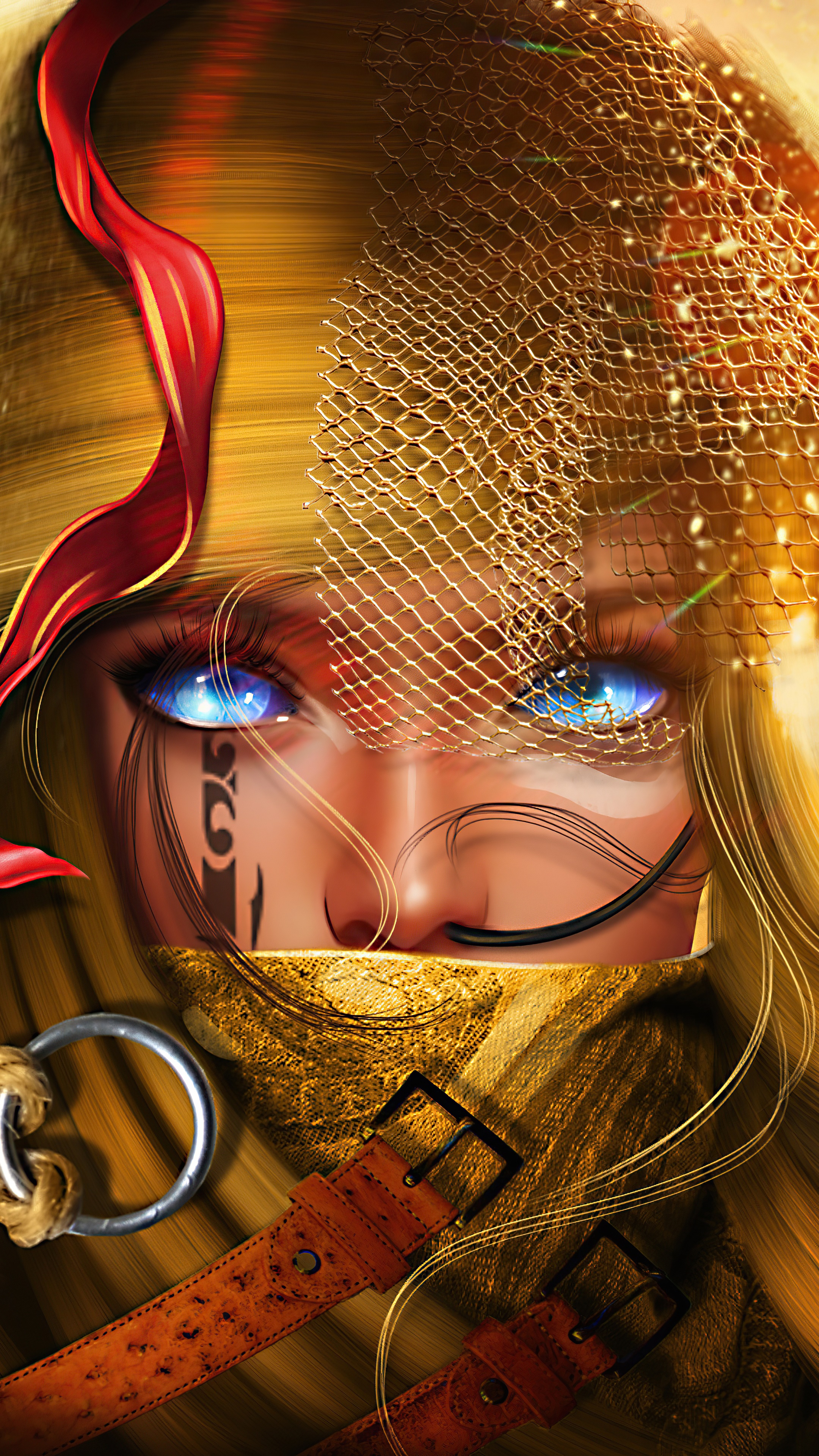 Digital art of a woman with blue eyes and golden hair HD Phone Wallpaper