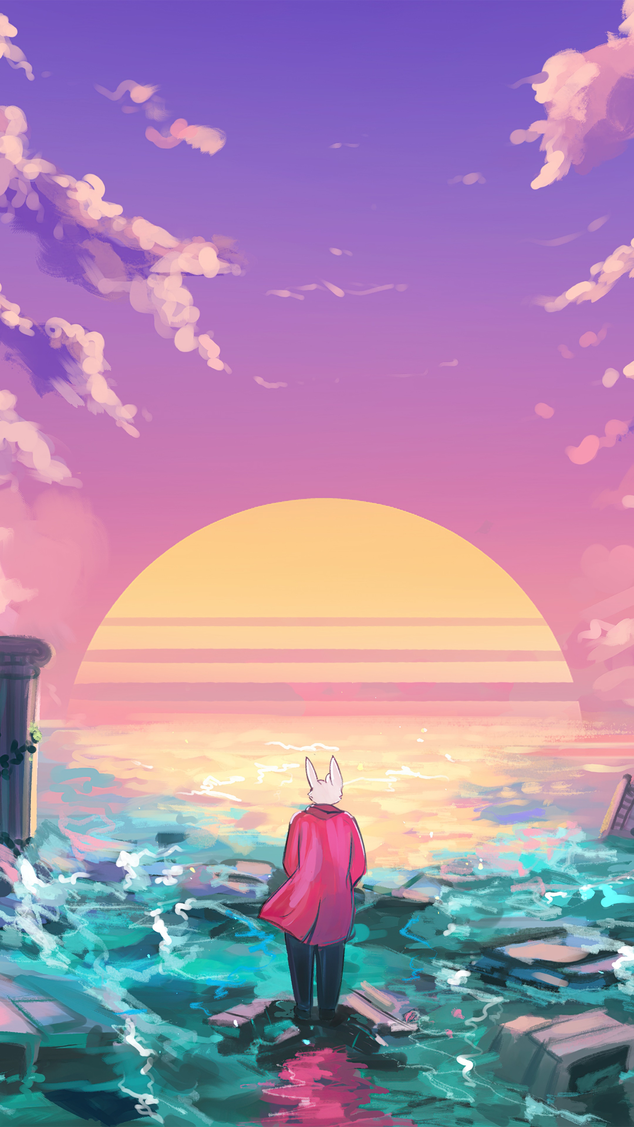 Artwork of a character in a red coat by the sea HD Phone Wallpaper