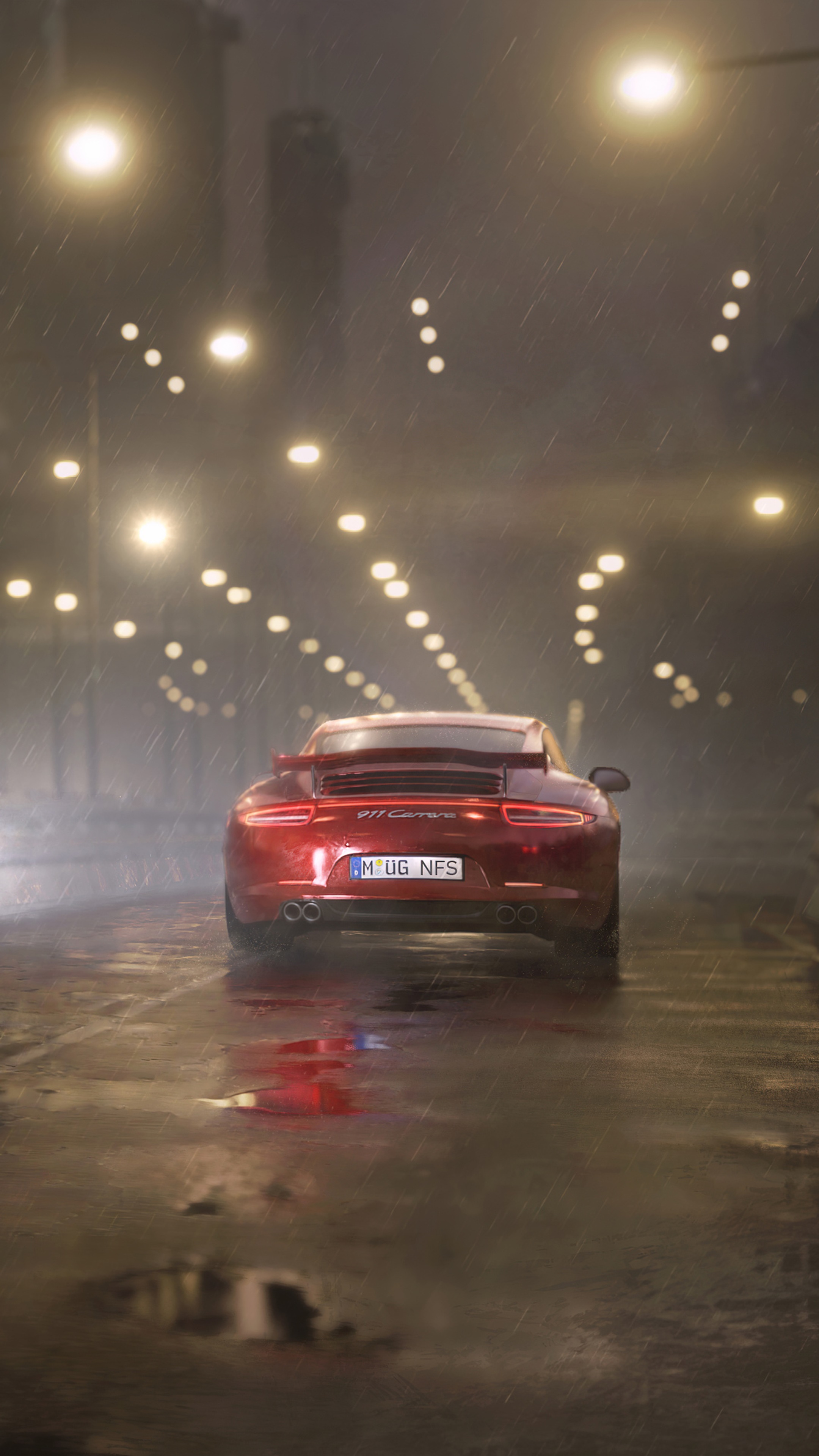 Red Porsche 911 Carrera driving in rain HD Phone Wallpaper