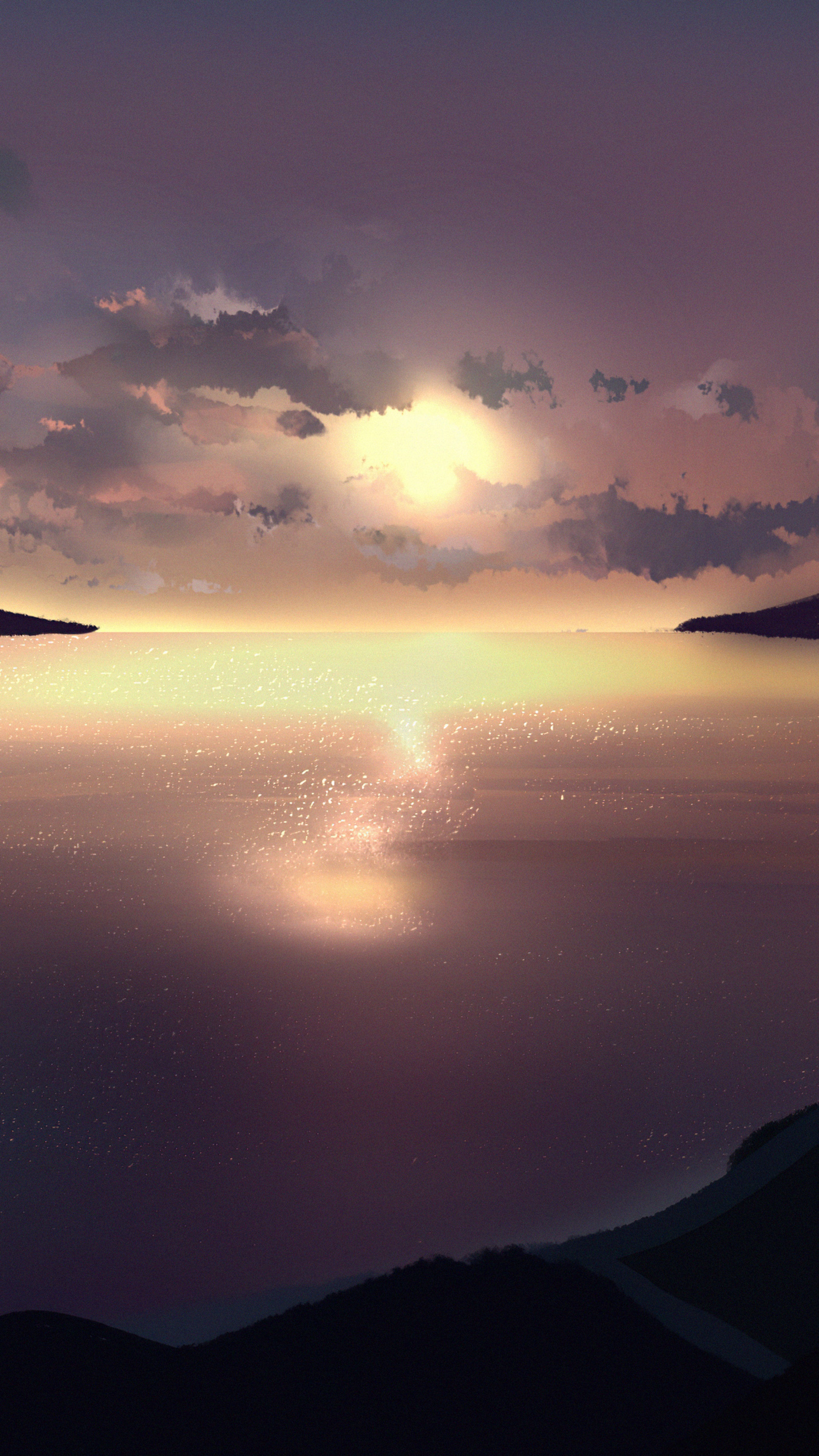 Digital art of a sunset over the ocean HD Phone Wallpaper