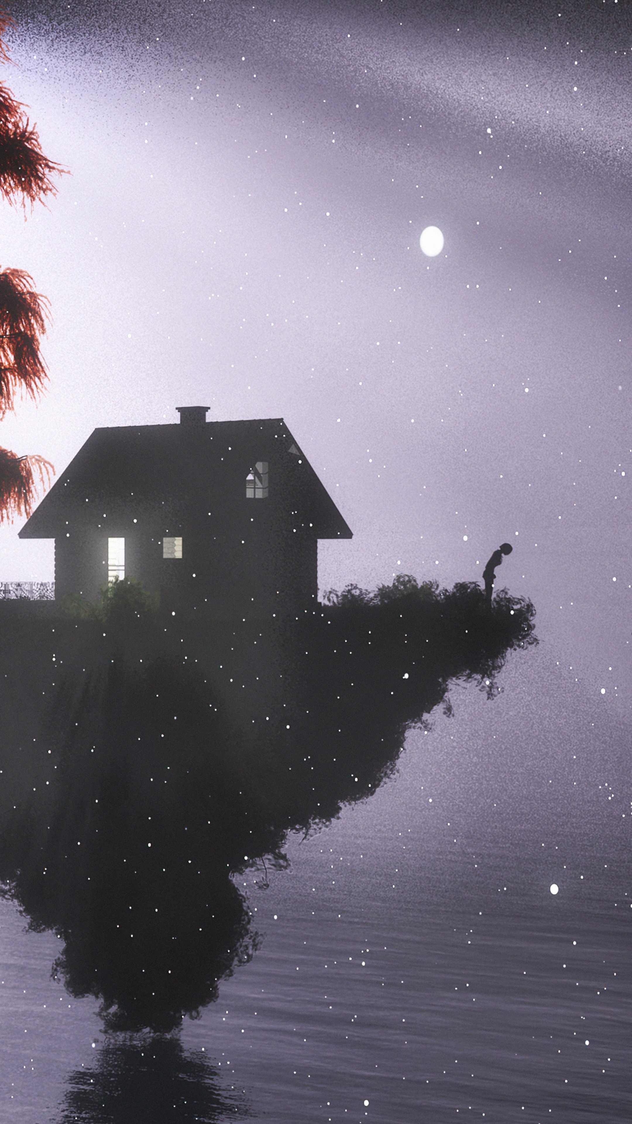 Digital Art of a House on a Cliff Under a Starry Sky HD Phone Wallpaper