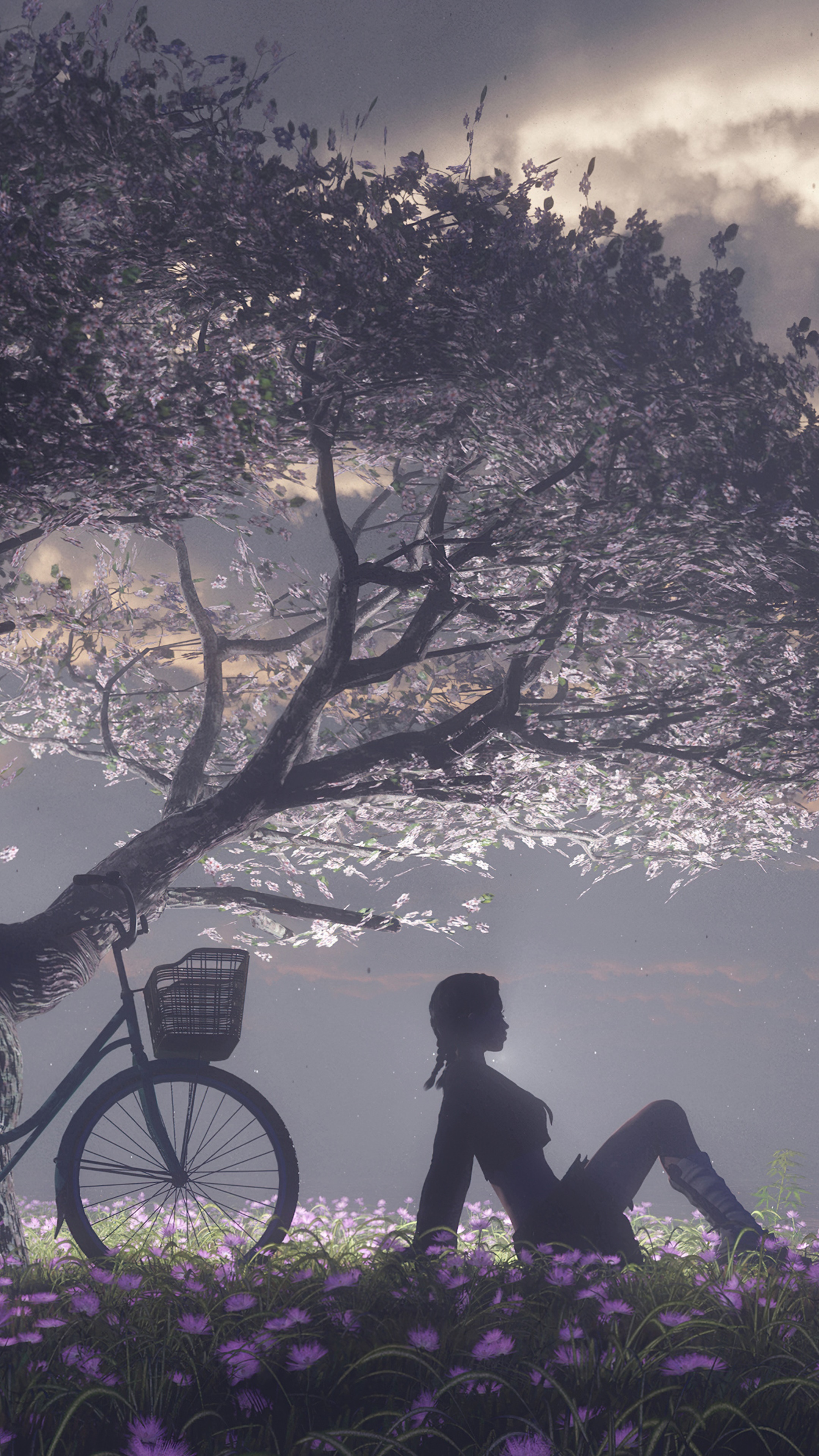 Girl sitting by a bicycle under a tree HD Phone Wallpaper