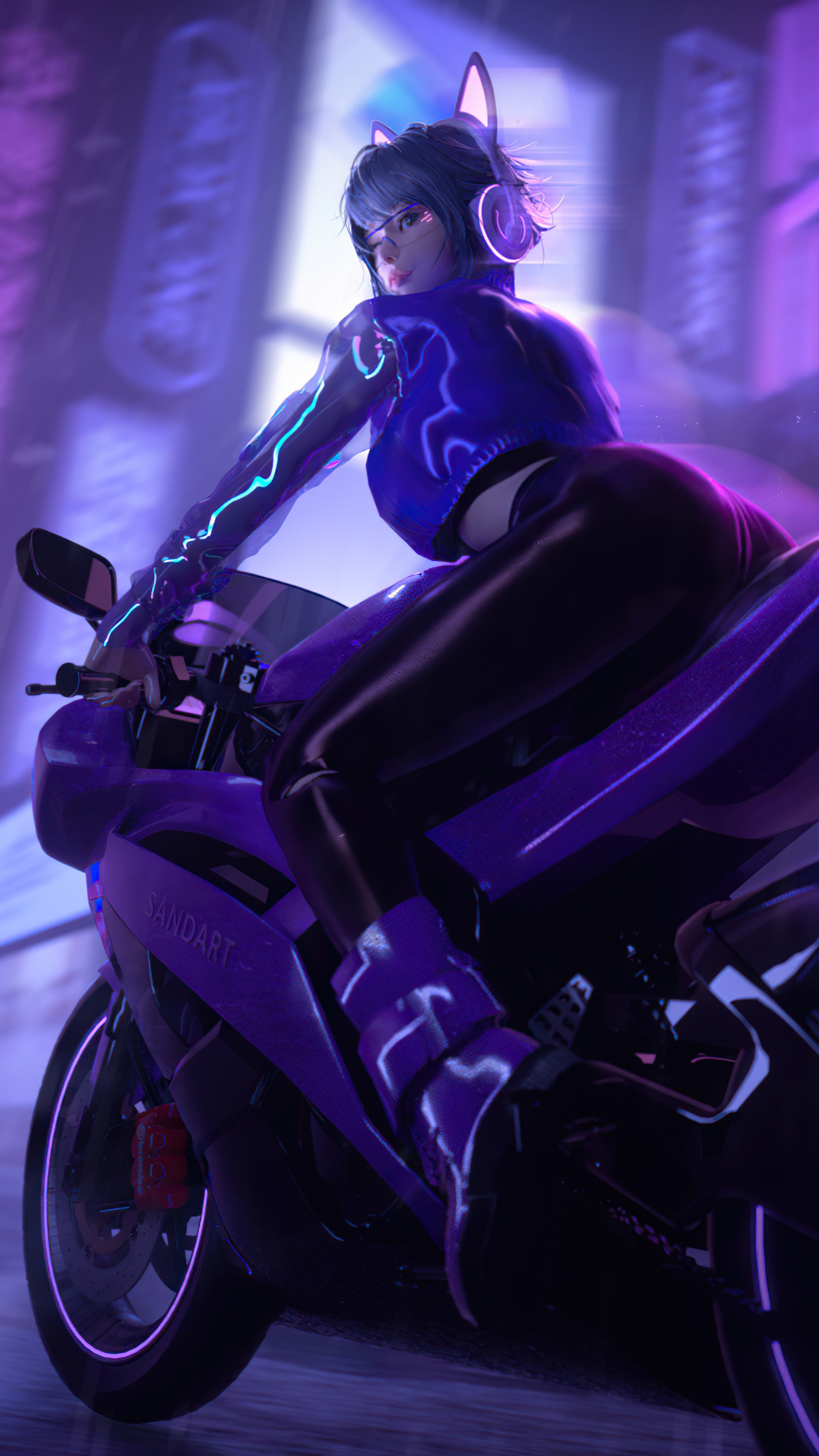 Cyberpunk girl with cat ears on a motorcycle HD Phone Wallpaper