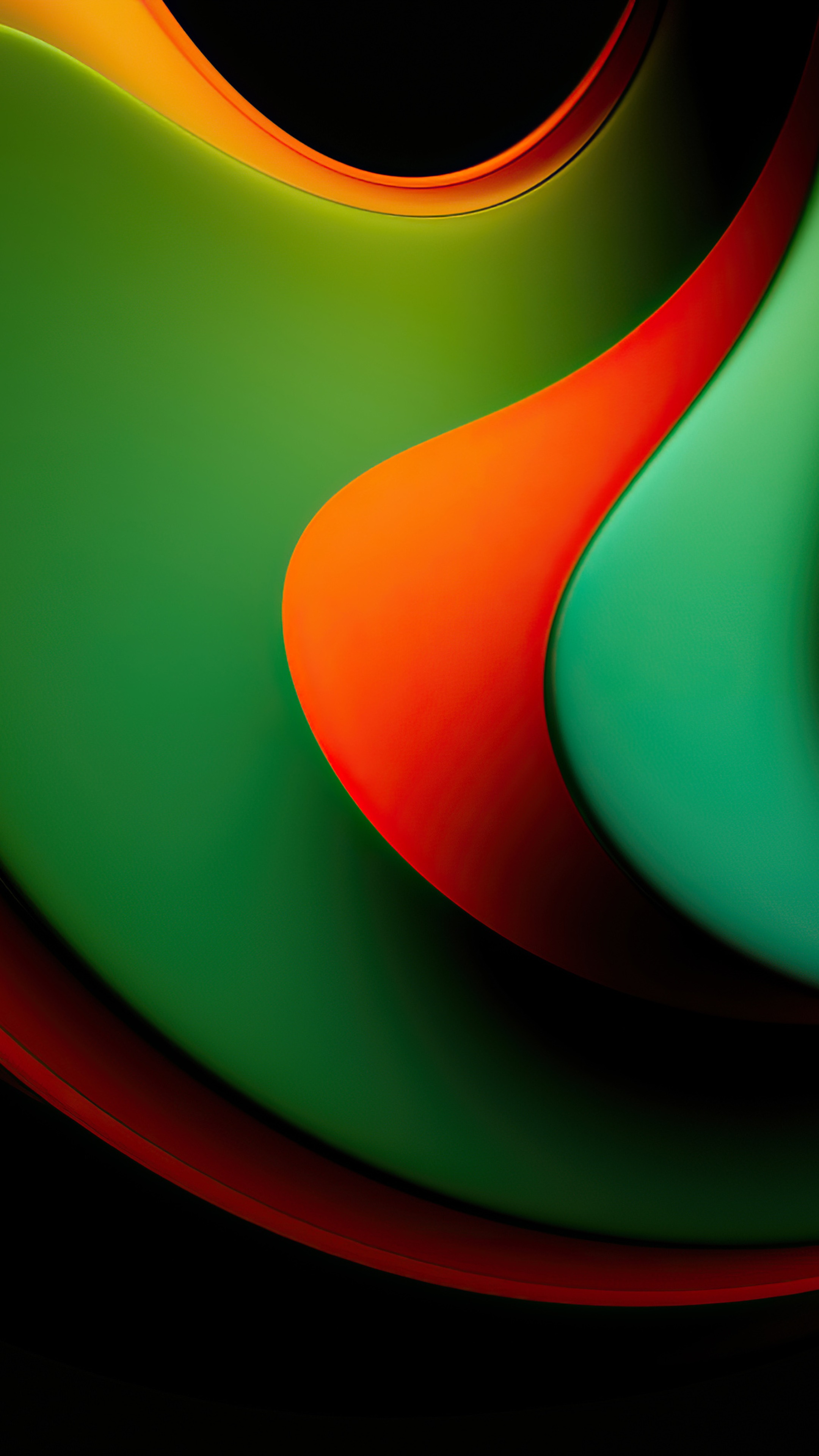 Abstract digital art with green, orange, and red curves HD Phone Wallpaper