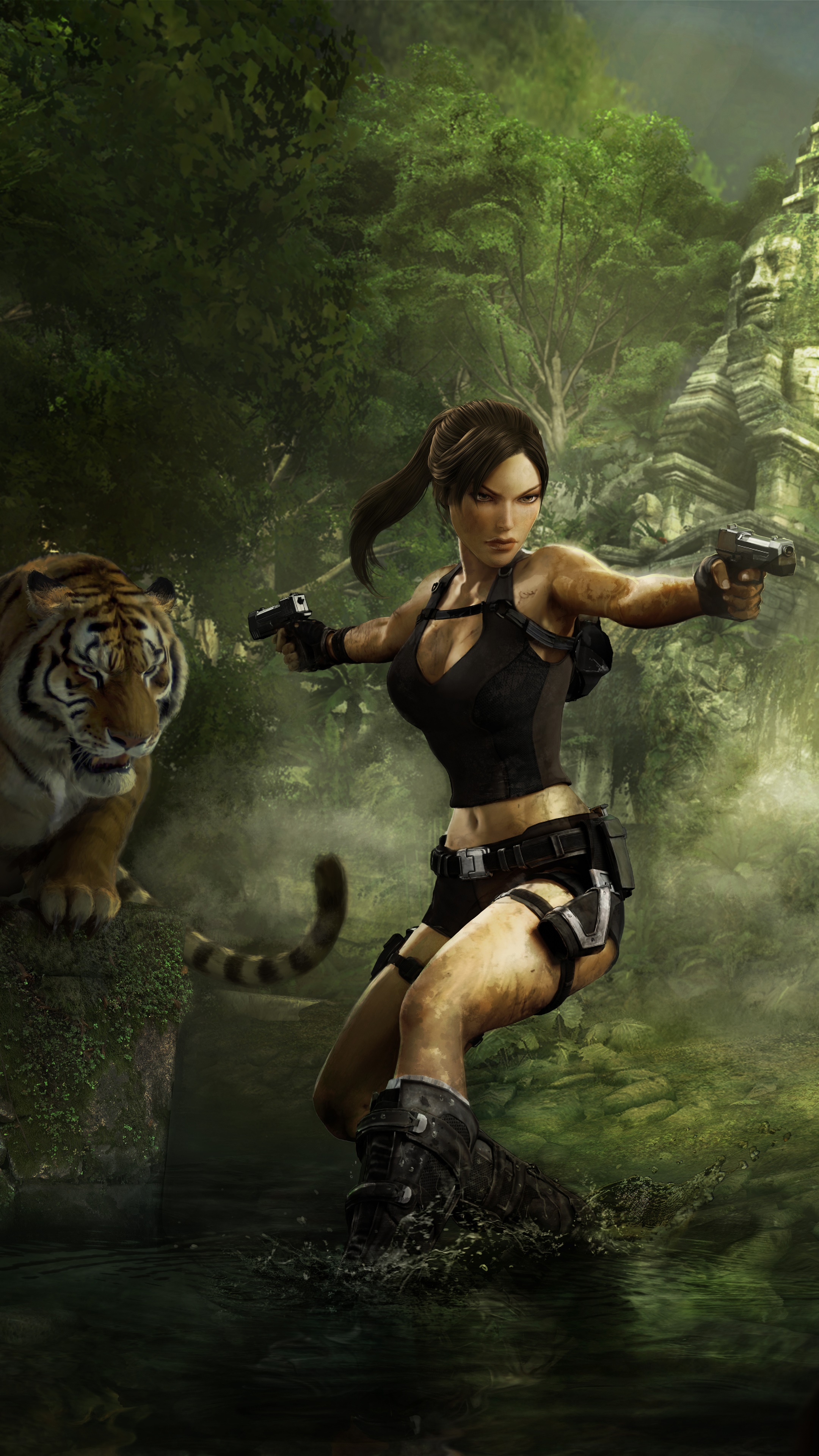 Lara Croft from Tomb Raider with a tiger in a jungle HD Phone Wallpaper