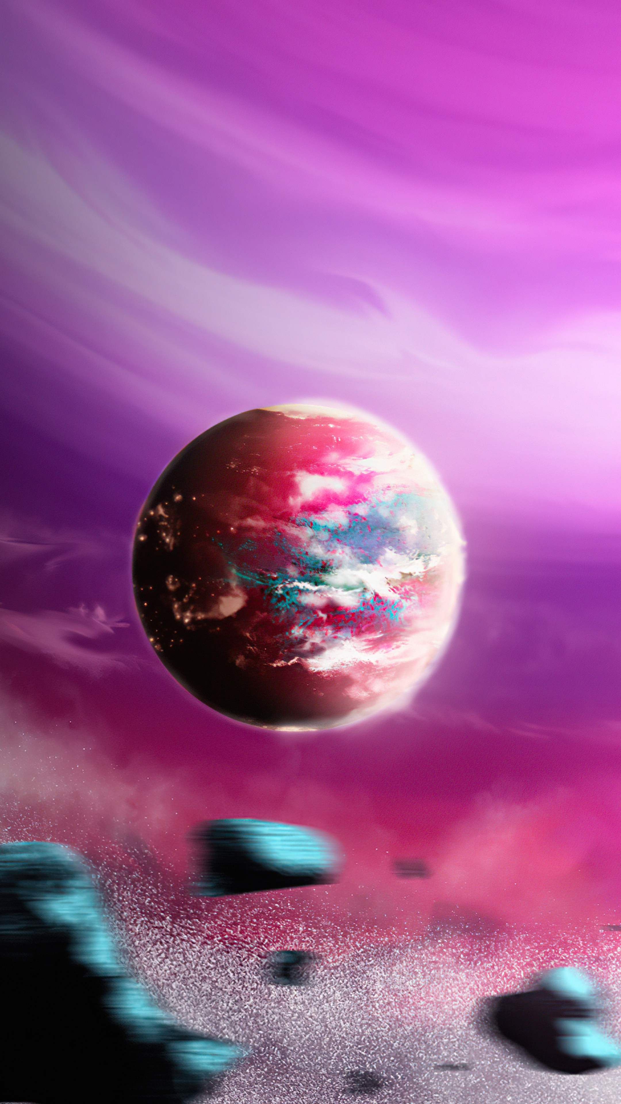 Planet in a purple nebula with asteroids HD Phone Wallpaper