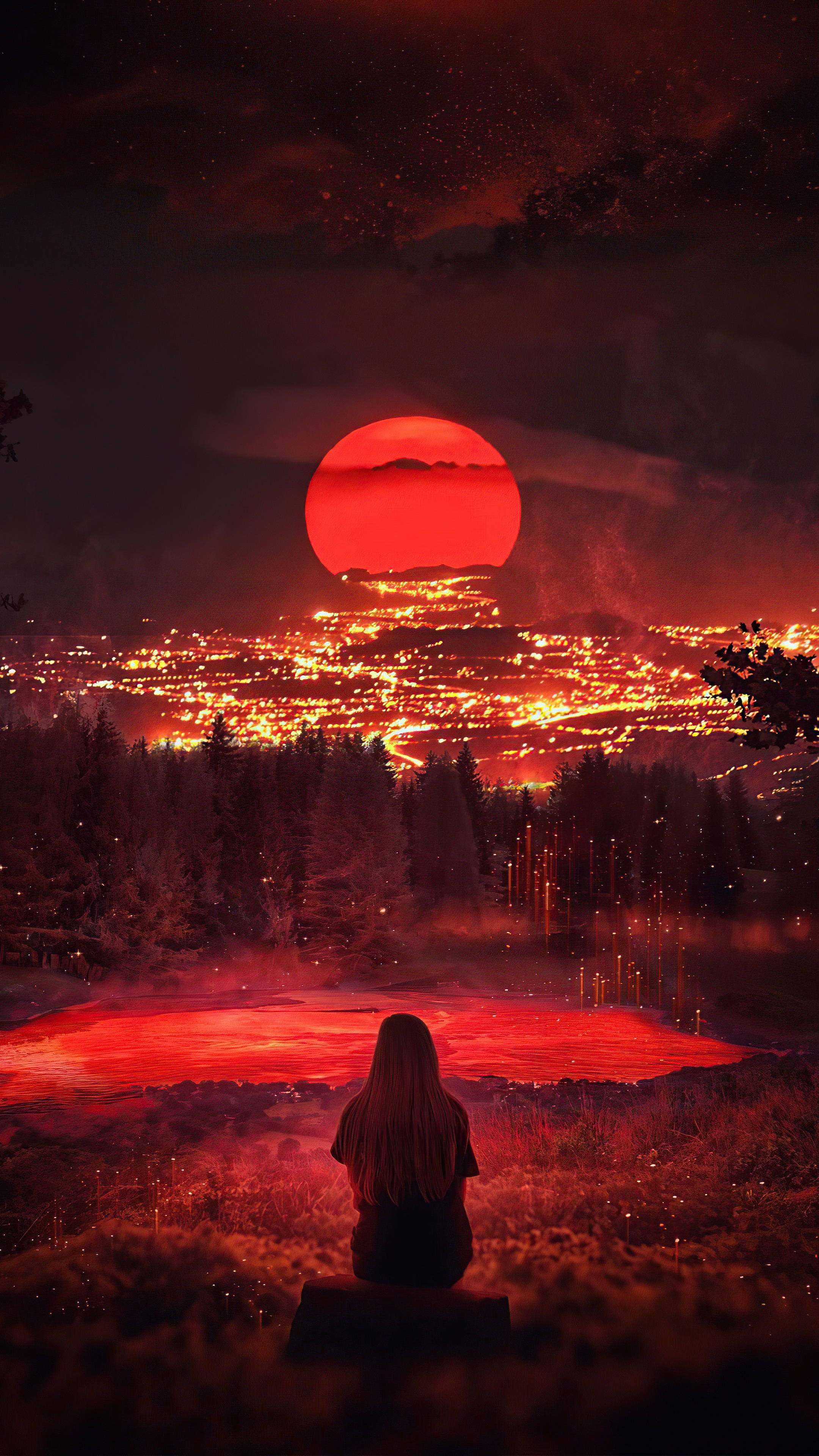 Digital art of a person watching a red sun over a city HD Phone Wallpaper