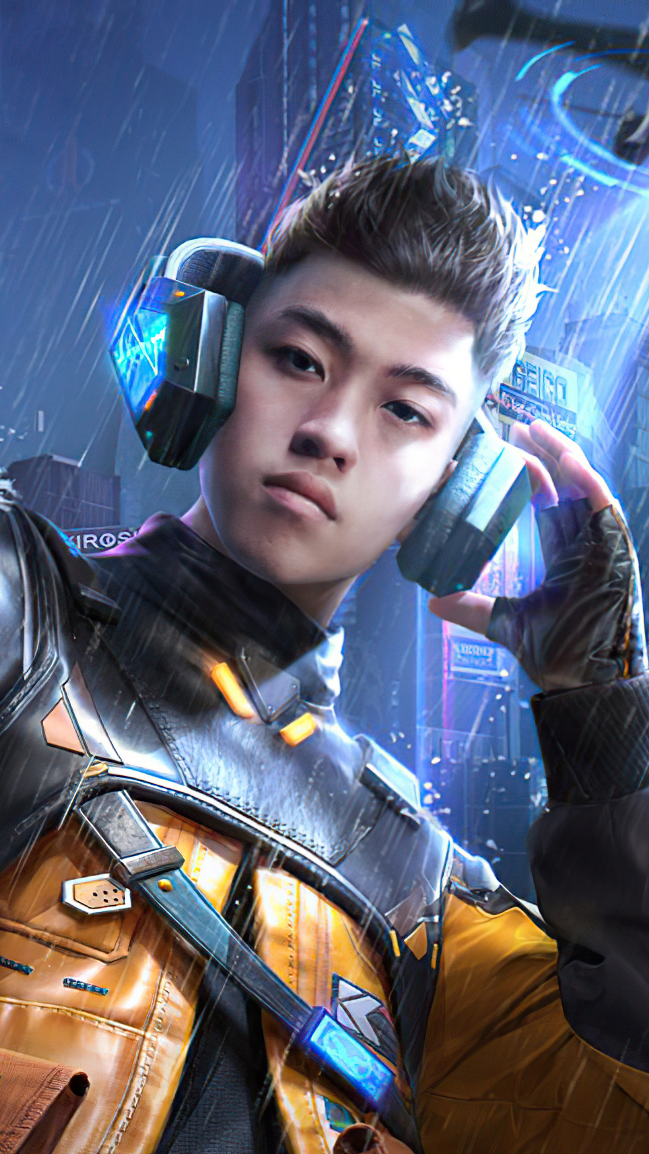 Player with headphones in a futuristic city HD Phone Wallpaper
